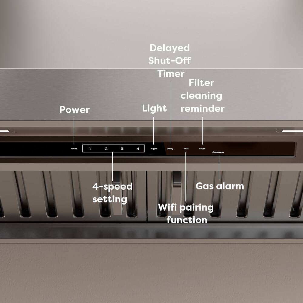- Power Delayed Shut-Off Timer
- Light
- Filter cleaning reminder
- 4-speed setting
- Gas alarm
- Wifi pairing function