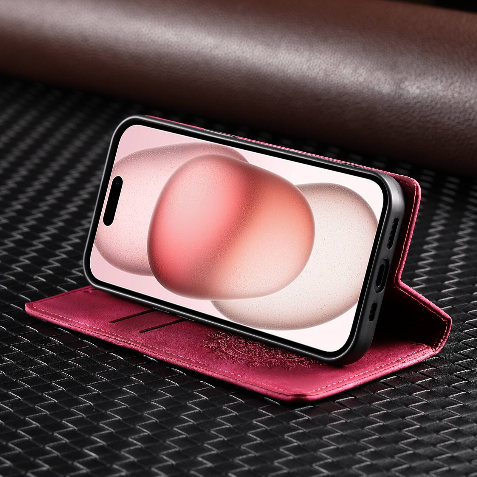 Back. Dteck - Magnetic Wallet Case For Apple iPhone 18 Pro Max, Shockproof Embossed Card Cash Pocket Stand PU Leather Cover - Red.