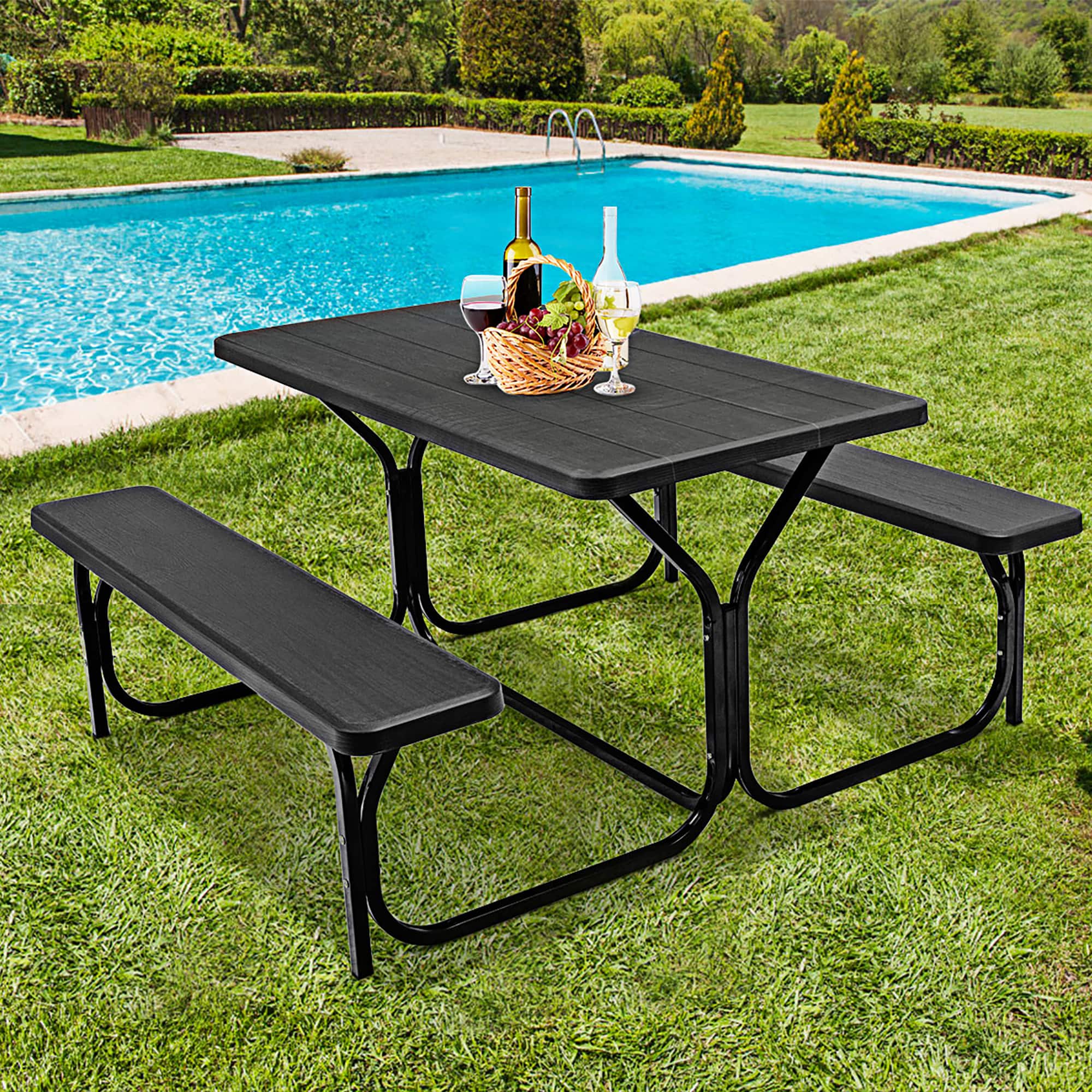 Costway - Picnic Table Bench Set Outdoor Backyard Iron Patio Garden Party Dining All Weather - Black