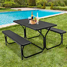 Costway - Picnic Table Bench Set Outdoor Backyard Iron Patio Garden Party Dining All Weather - Black