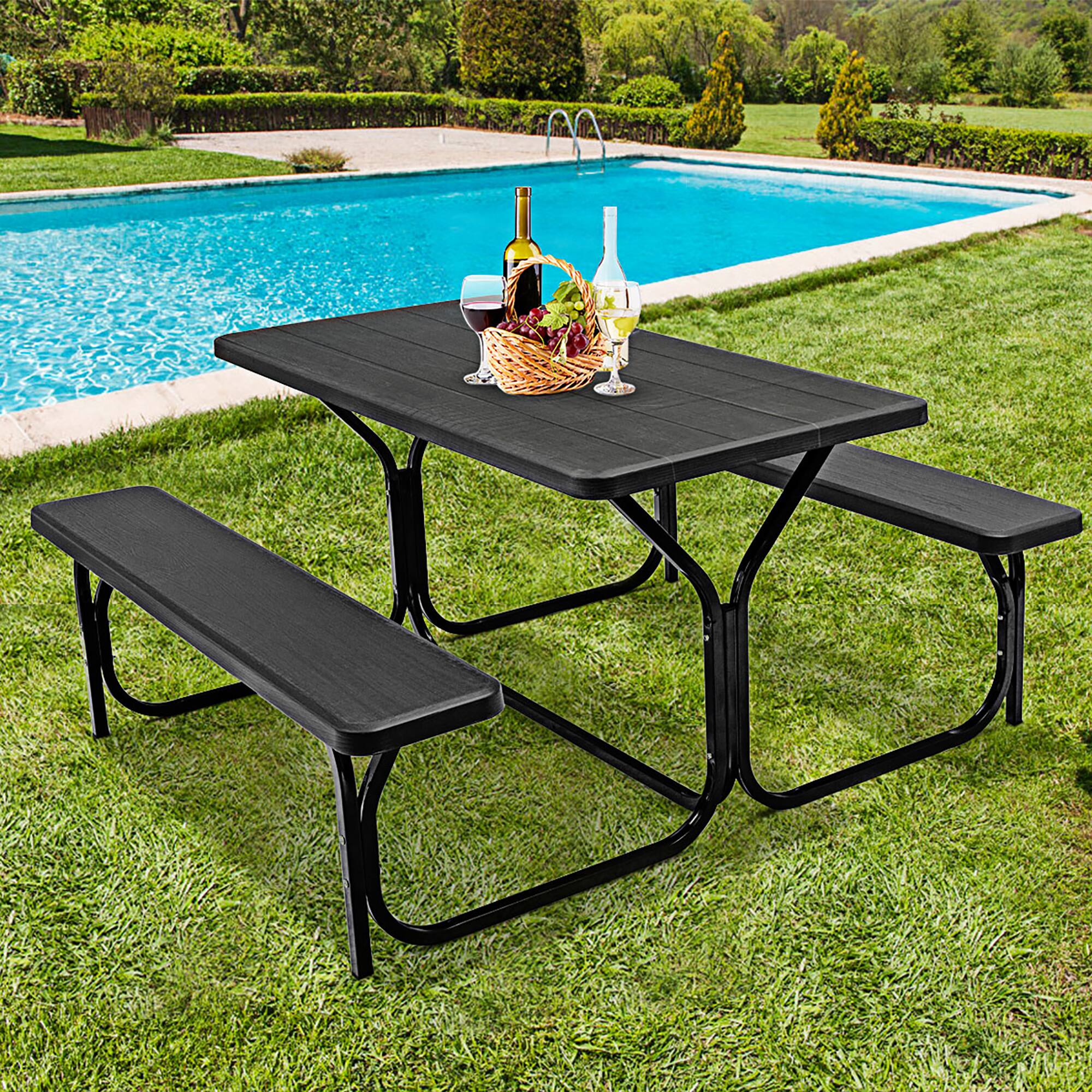 Alt View 1. Costway - Costway Picnic Table Bench Set Outdoor Backyard Iron Patio Garden Party Dining All Weather - Black.