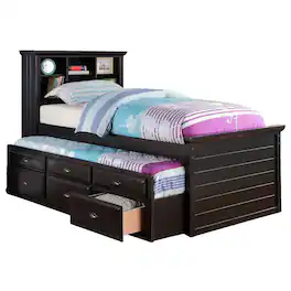 Manhattan Lane - Toni Twin Size Trundle Bed with 6 Drawers, Bookcase Headboard, Wood - Black