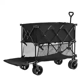 Glintex - Foldable Double Decker Wagon with 400L Capacity, All-Terrain Wheels, Adjustable Handle, Heavy Duty Frame - Black