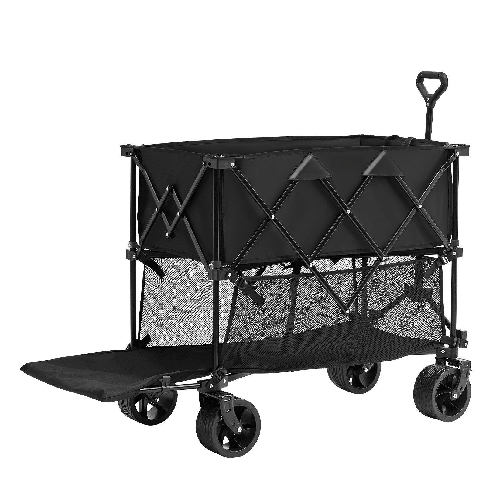 Front. Glintex - Foldable Double Decker Wagon with 400L Capacity, All-Terrain Wheels, Adjustable Handle, Heavy Duty Frame. - Black.
