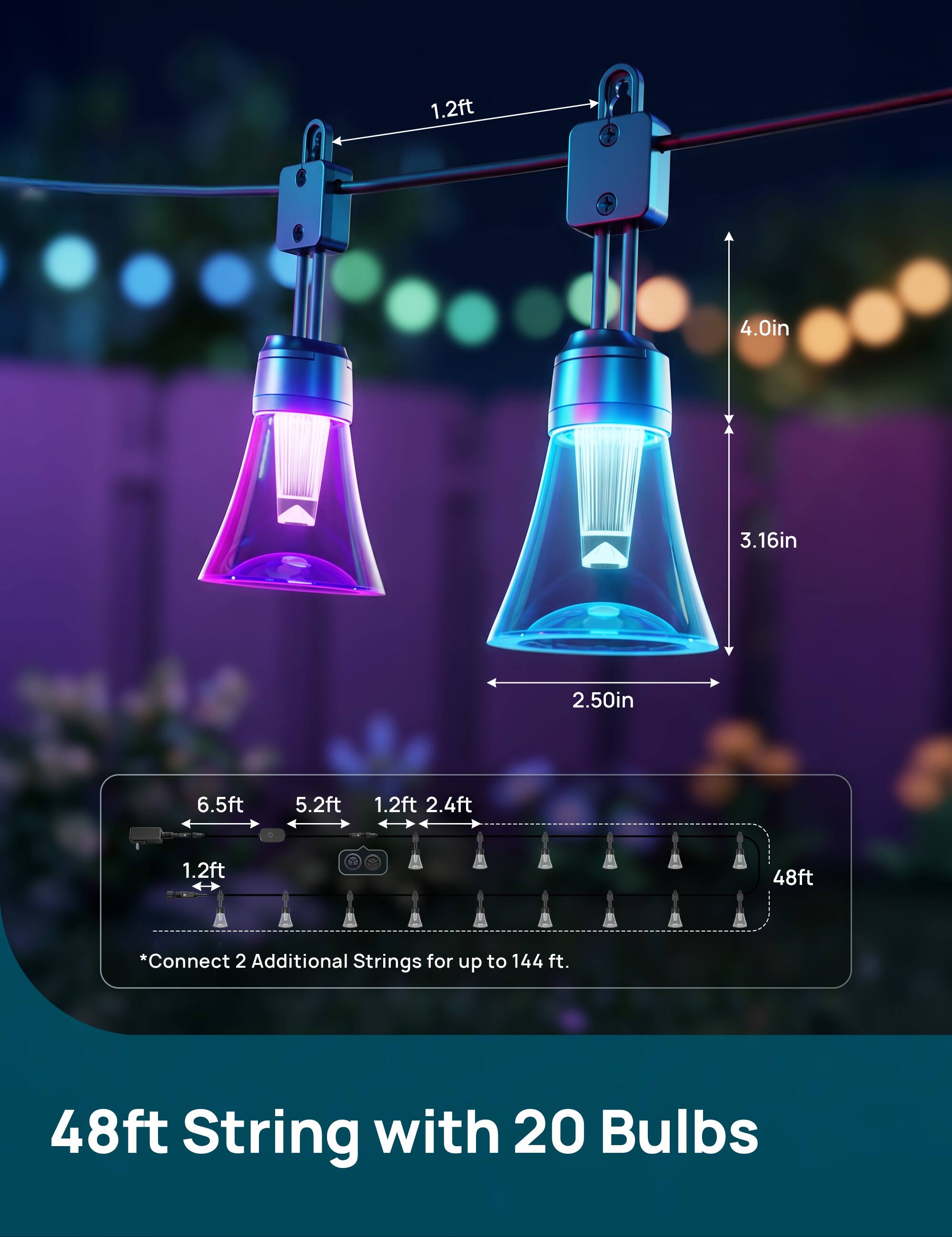 1.2ft  
4.0in  
3.16in  
2.50in  
6.5ft  
5.2ft  
1.2ft  
2.4ft  
1.2ft  
48ft  

*Connect 2 Additional Strings for up to 144 ft.  

48ft String with 20 Bulbs