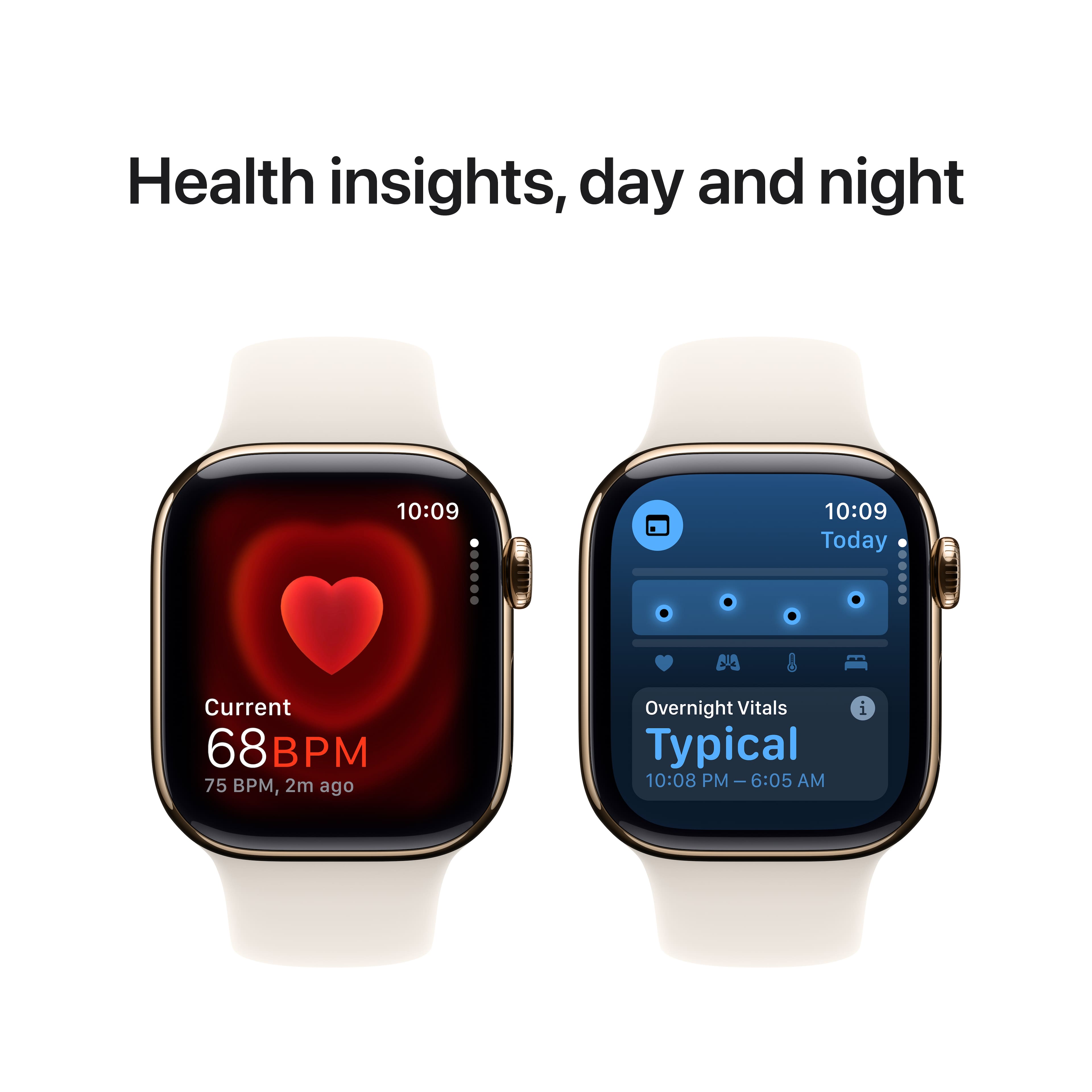Health insights, day and night:
1. Current: 68 BPM
2. 75 BPM, 2m ago
3. 10:09 Today
4. Overnight Vitals: 5
5. Typical: 10:08 PM - 6:05 AM
