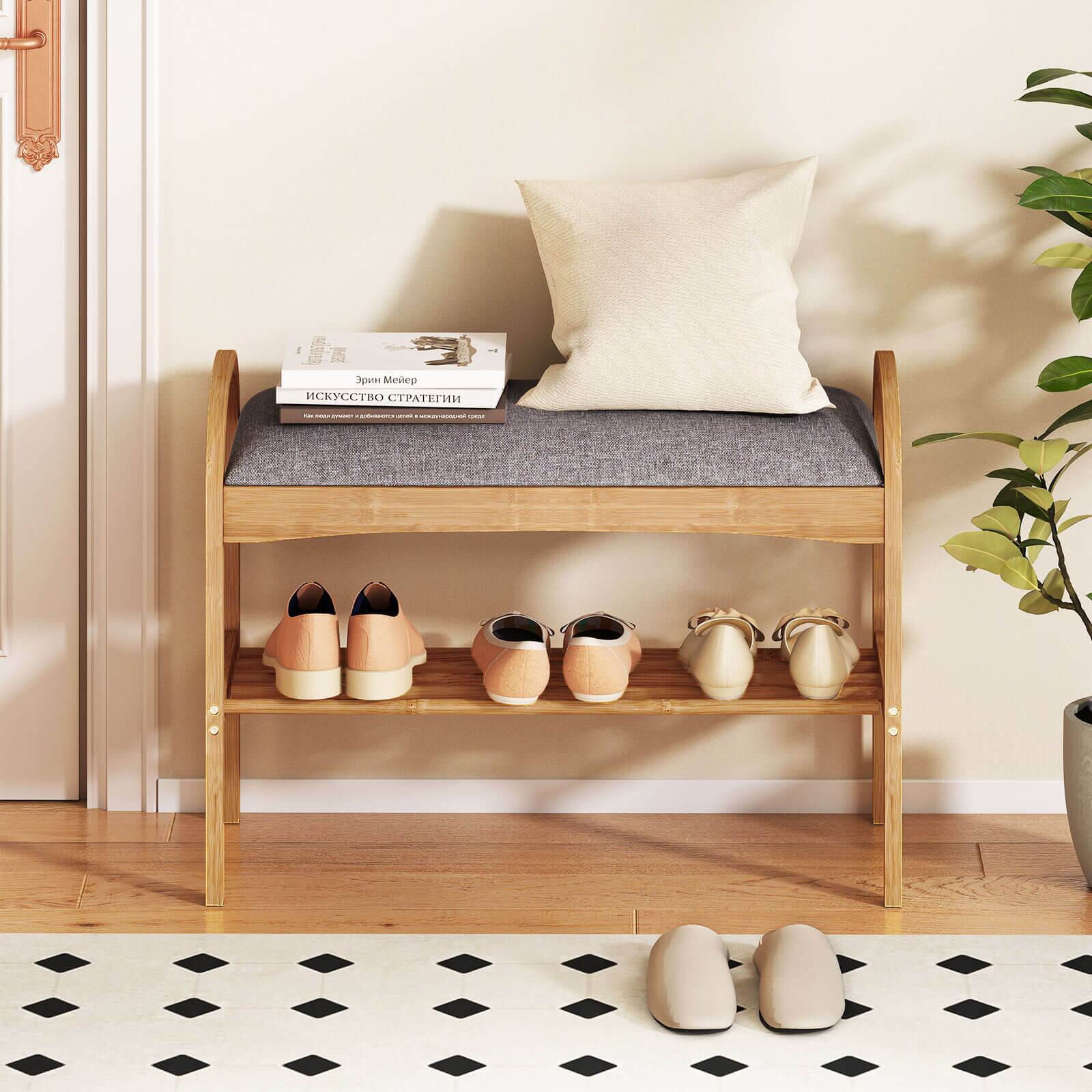 Alt View 1. Costway - Costway Bamboo Entryway Shoe Bench 2-Tier Shoe Rack with Padded Seat Cushion for Hallway - Natural,Gray.
