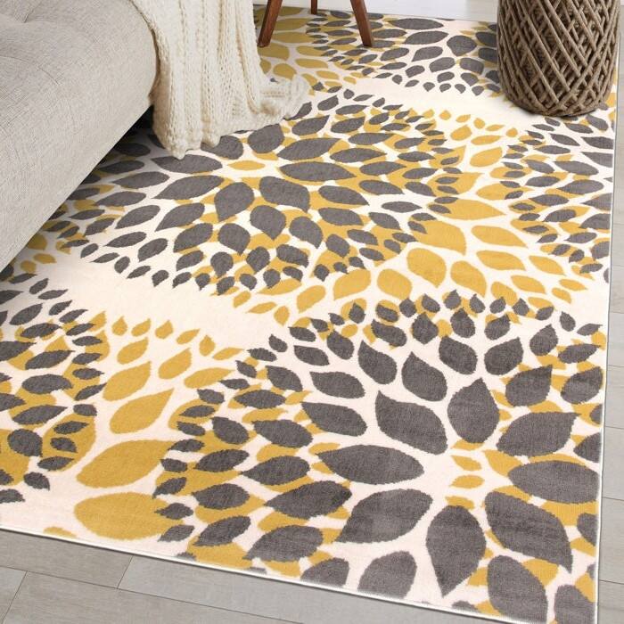 Left. Hivvago - 3'1" x 5' Grey Yellow Floral Woven Stain Resistant Polypropylene Area Rug - Grey, Yellow.