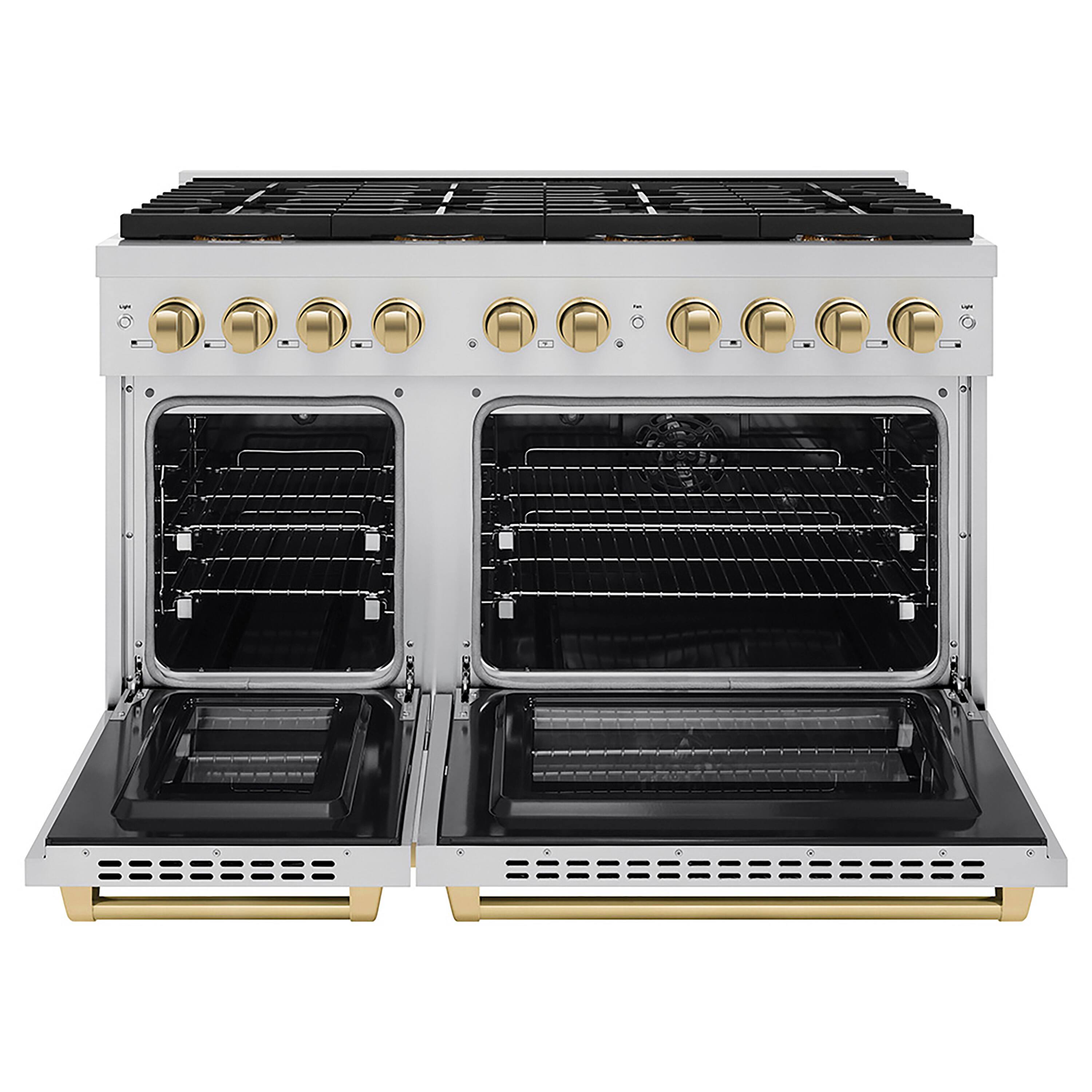 Angle. ZLINE - ZLINE Autograph 48 in. Paramount Dual Fuel Range with 8 Burner DuoPro Cooktop and Bronze Accents (PSDRZ-48-CB) - Stainless Steel.