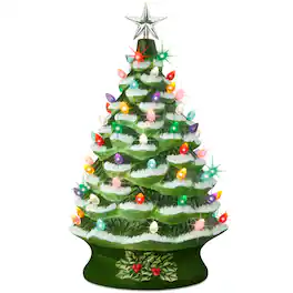 Best Choice Products - 24in X-Large Pre-Lit Ceramic Christmas Tree Decor w/ 74 Multicolor Bulbs, LED Light - Flocked/Green - Frosted w/ Multicolored Lights
