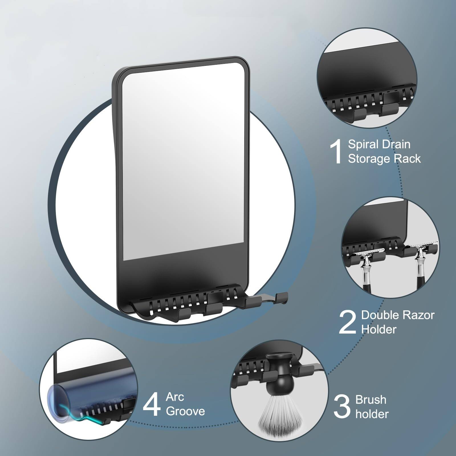 1. Spiral Drain Storage Rack  
2. Double Razor Holder  
3. Brush Holder  
4. Arc Groove