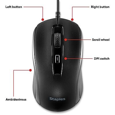 Left button  
Right button  
Scroll wheel  
DPI switch  
Ambidextrous  
Staples
