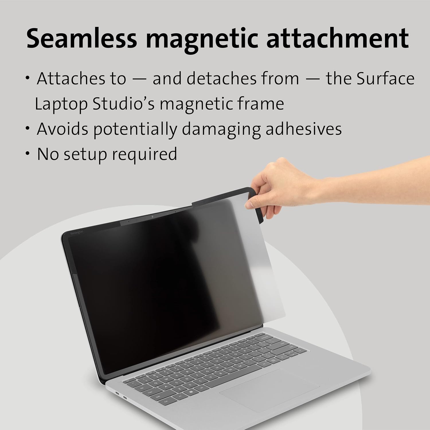 Seamless magnetic attachment  
- Attaches to — and detaches from — the Surface Laptop Studio's magnetic frame  
- Avoids potentially damaging adhesives  
- No setup required