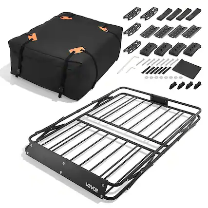 Front. VEVOR - Roof Rack Cargo Basket, 51 x 36 x 4 in, Heavy Duty Roof Top Carrier Basket with Folding Design, 200 lbs Capacity - Black.