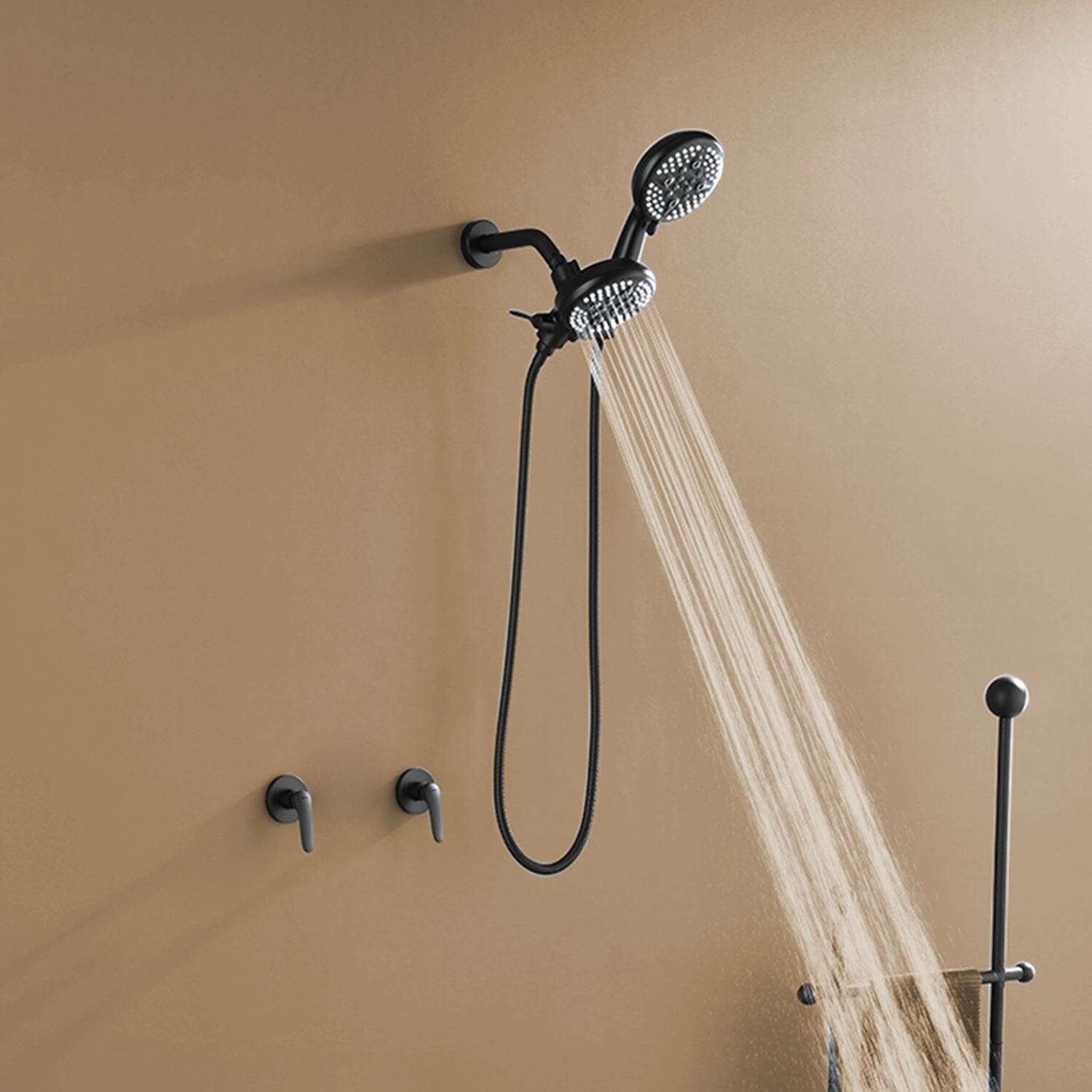 Alt View 3. Boyel Living - Matte Black Shower Set with Dual Handles and 5 Function ABS Dual Shower Heads - Matte Black.