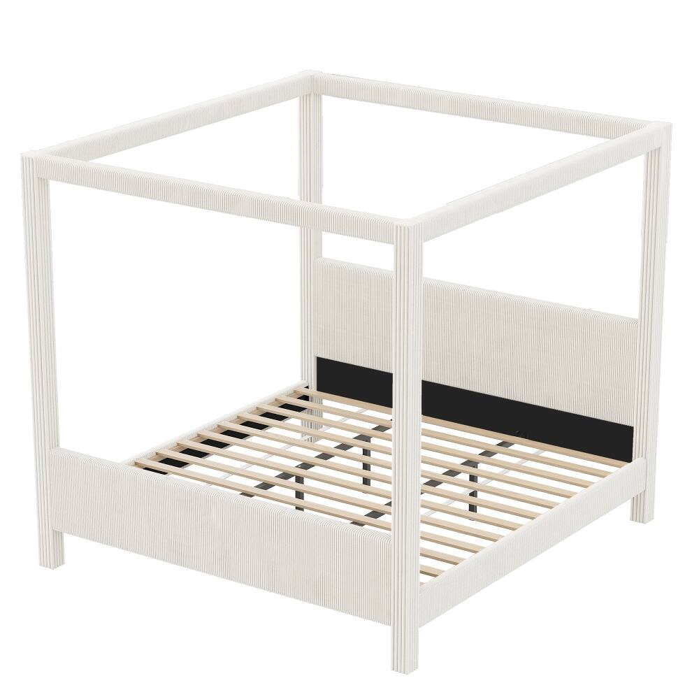 Alt View 9. Loheer - Loheer King Size Canopy Bed Upholstered Platform Bed Corduroy Beige - Beige.