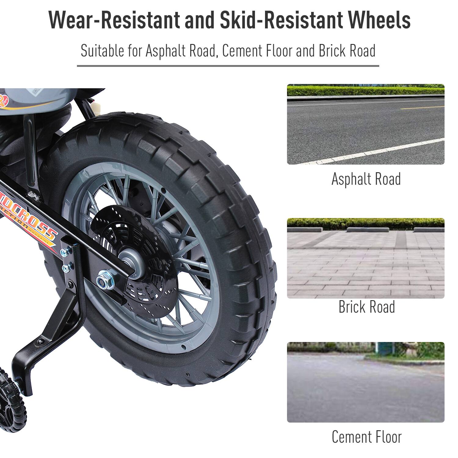 Wear-Resistant and Skid-Resistant Wheels  
Suitable for Asphalt Road, Cement Floor and Brick Road  

Asphalt Road  
Brick Road  
Cement Floor