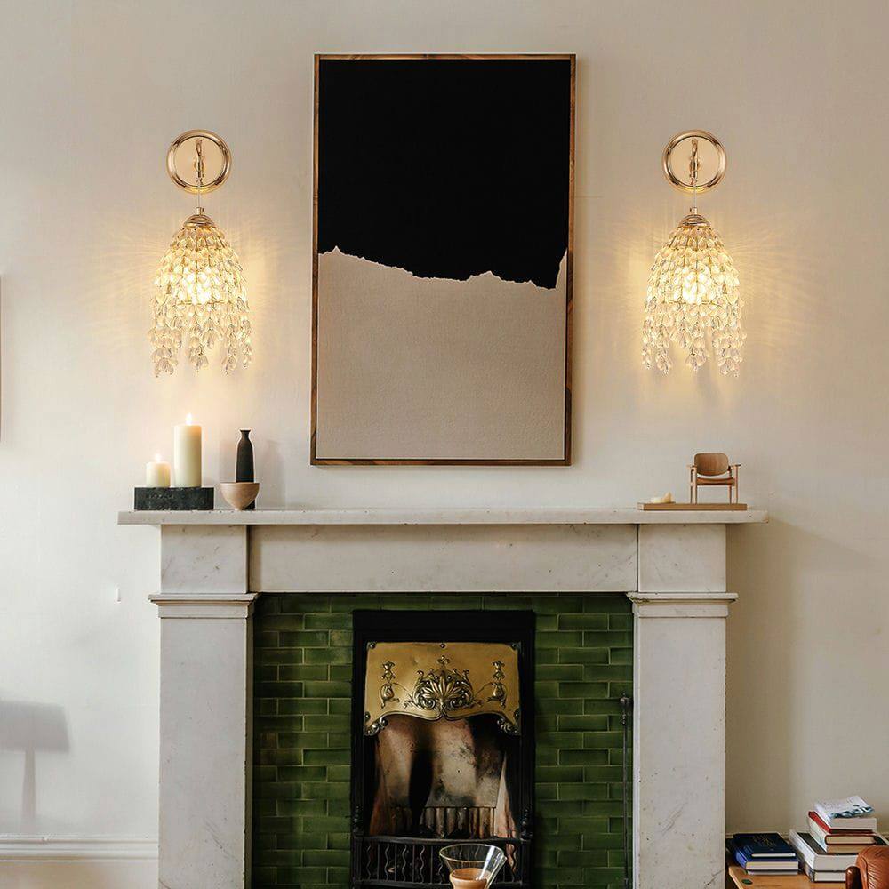 Front. Kadyn - Set of 2 Gold Frame and Crystal Grape-Shaped Bead String Wall Sconces , E12 Bulb Socket, Gold - Gold.