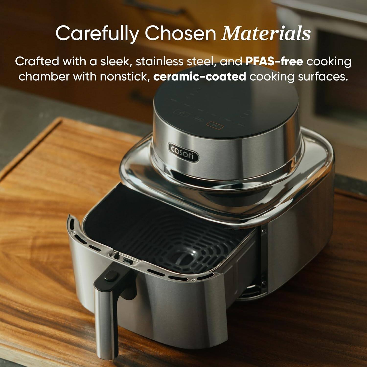 Carefully Chosen Materials

Crafted with a sleek, stainless steel, and PFAS-free cooking chamber with nonstick, ceramic-coated cooking surfaces.