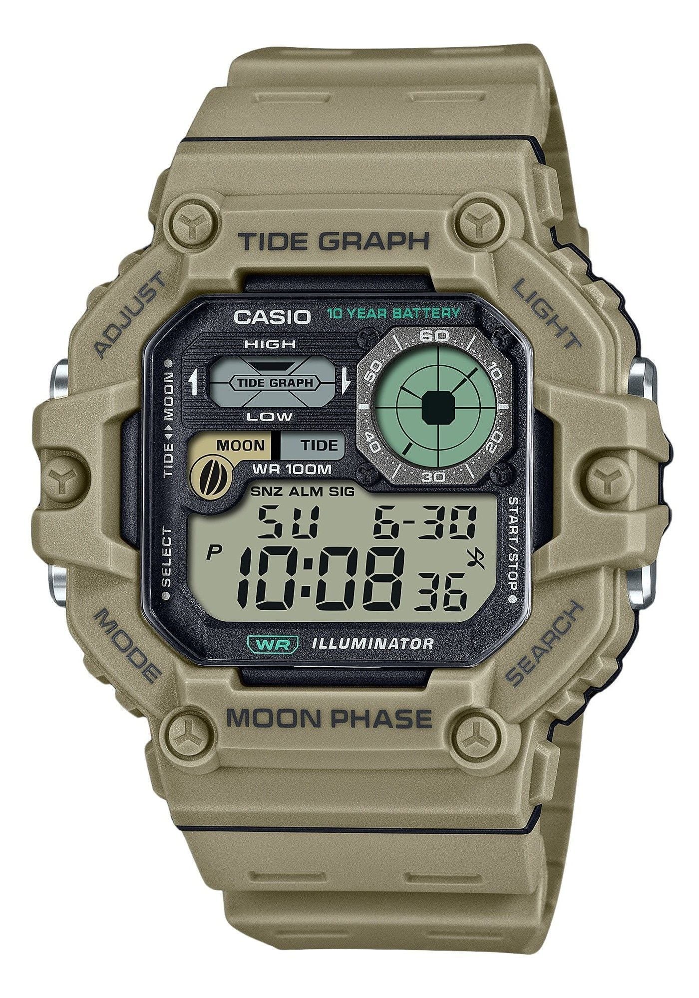 TIDE GRAPH  
CASIO  
10 YEAR BATTERY  
LIGHT  
HIGH  
TIDE GRAPH  
LOW  
MOON  
TIDE  
WR 100M  
SNZ ALM SIG  
50  
6-30  
10:08  
36  
MODE  
ILLUMINATOR  
SEARCH  
MOON PHASE  
ADJUST  
SELECT  
WR  
MOON PHASE