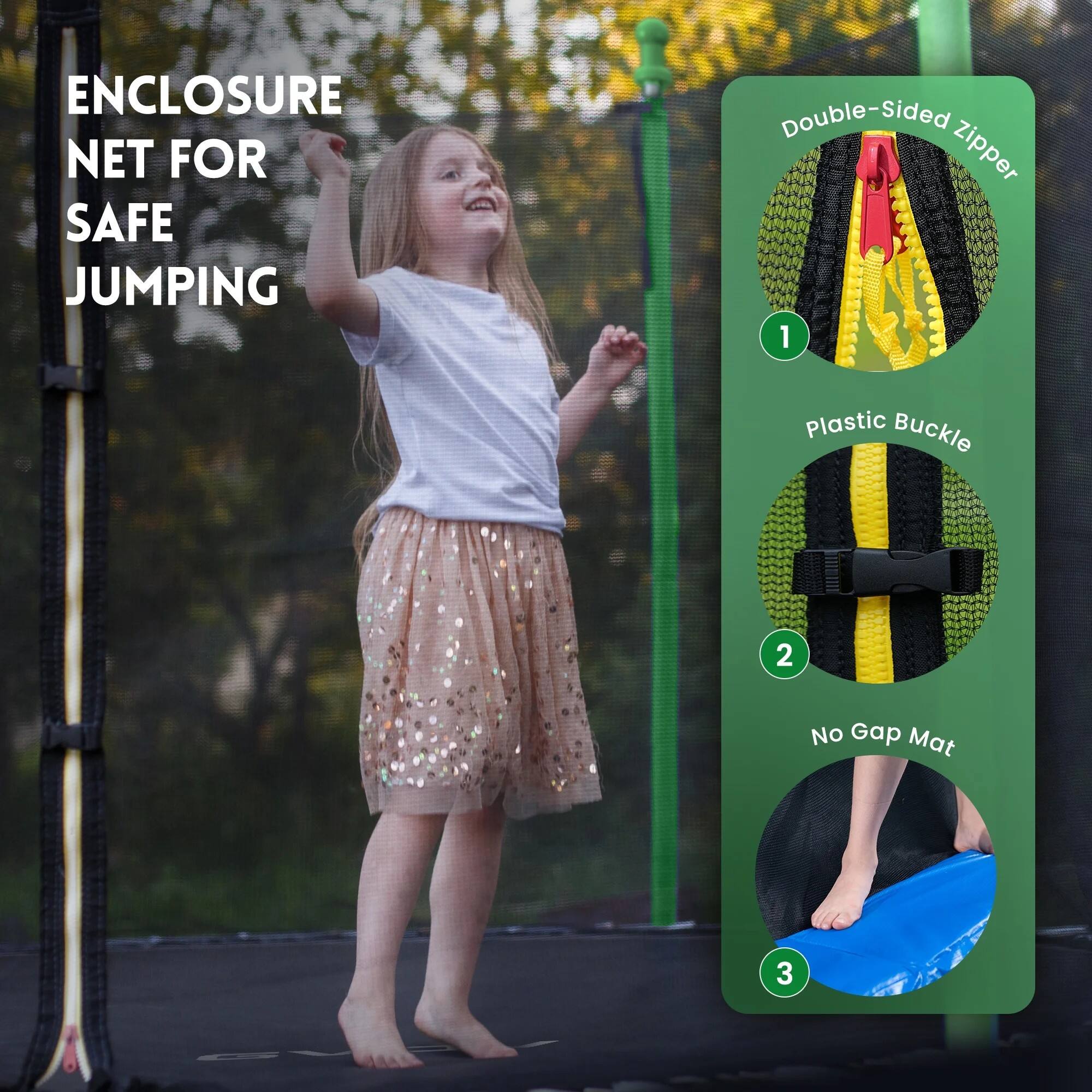 ENCLOSURE NET FOR SAFE JUMPING

1. Double-Sided Zipper
2. Plastic Buckle
3. No Gap Mat