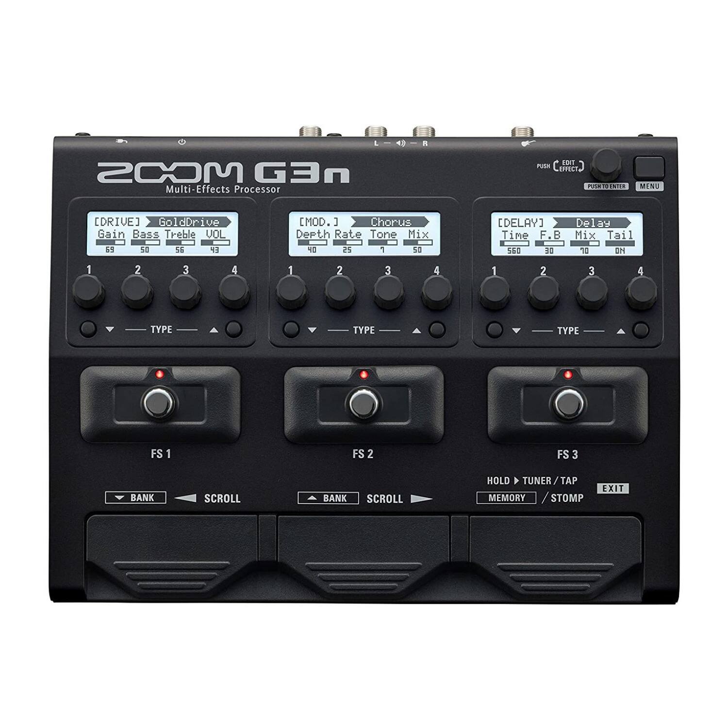 2COM G3n Multi-Effects Processor

[DRIVE] GoldDrive
Gain 69
Bass 50
Treble 56
VOL 43

[MOD.] Chorus
Depth 40
Rate 65
Tone 7
Mix 50

[DELAY] Delay
Time 560
F.B 30
Mix 10
Tail ON

FS 1 FS 2 FS 3

BANK SCROLL BANK SCROLL

HOLD TUNER / TAP MEMORY / STOMP EXIT

EDIT PUSH TO ENTER MENU