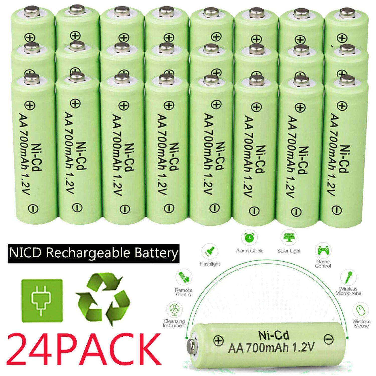 NICD Rechargeable Battery  
24PACK  

AA 700mAh 1.2V Ni-Cd  

- Flashlight  
- Alarm Clock  
- Solar Light  
- Game Control  
- Wireless Microphone  
- Wireless Mouse  
- Remote Control  
- Cleansing Instrument