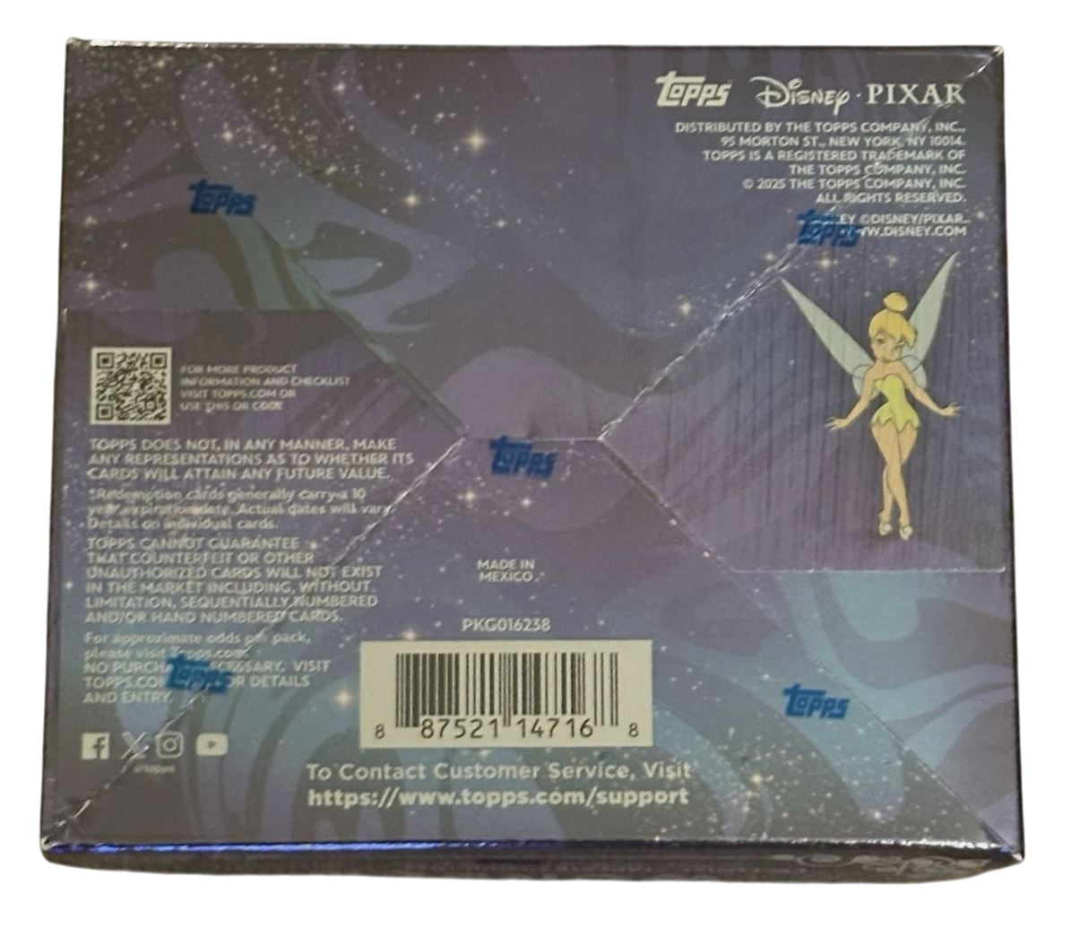 **Topps Disney Pixar**

Distributed by The Topps Company, Inc.  
95 Morton St., New York, NY 10014  
Topps is a registered trademark of The Topps Company, Inc.  
© 2025 The Topps Company, Inc. All rights reserved.  
Disney/Pixar. © Disney/Pixar. www.disney.com

---

**For more product information and checklist, visit Topps.com or use the QR code.**

Topps does not, in any manner, make any representations as to whether its cards will attain any future value. Redemption cards generally carry a 10% premium. Actual dates will vary. Details on individual cards.

Topps cannot guarantee that counterfeit or other unauthorized cards will not exist in the market including, without limitation, sequentially numbered and/or hand-numbered cards.

Please visit Topps.com for details and entry. No purchase necessary. Visit Topps.com for details and entry.

---

**Made in Mexico**

PKG016238

8 87521 14716 8

---

To Contact Customer Service, visit https://www.topps.com/support

---

[QR Code]

[Social Media Icons: Facebook