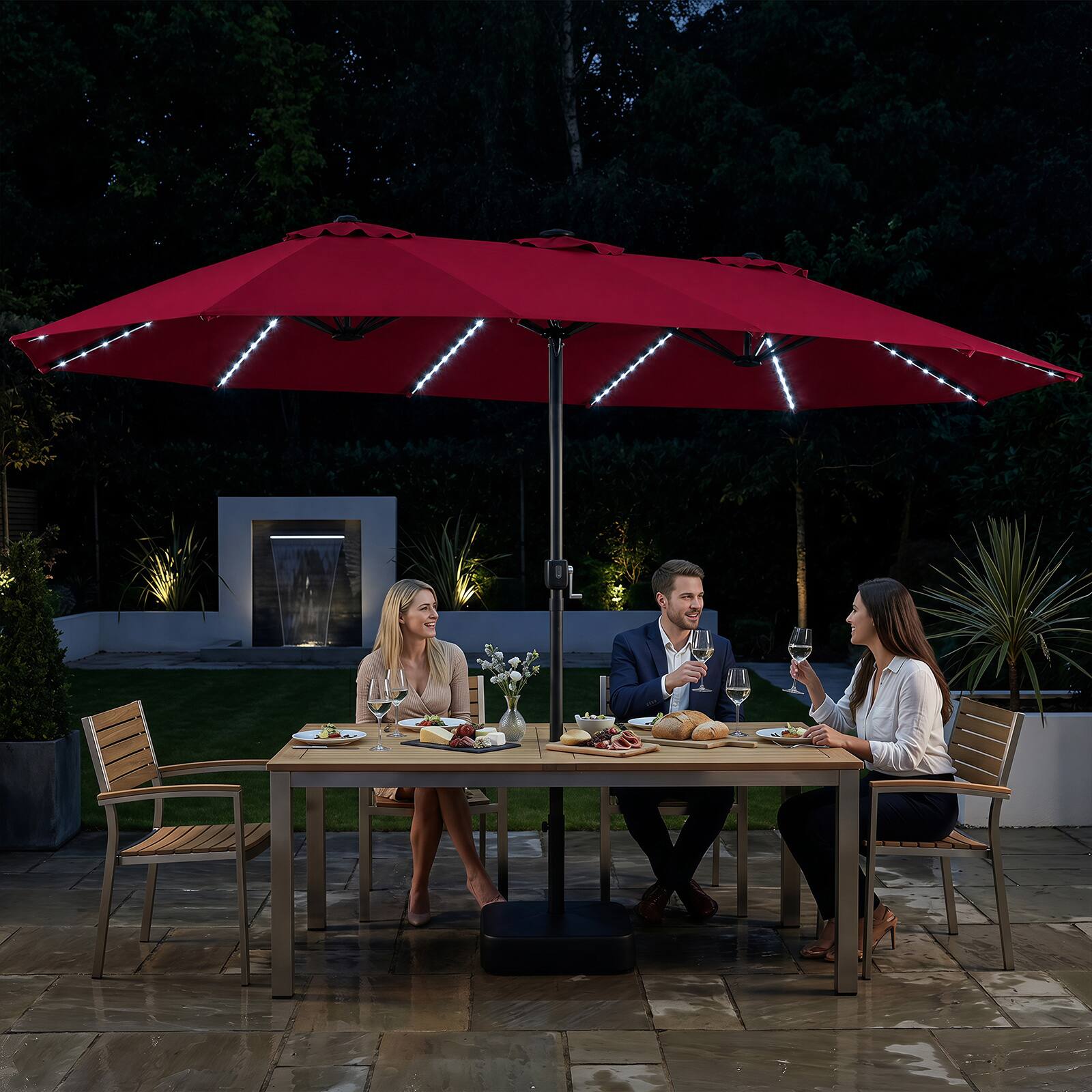 Alt View 4. Costway - Costway 15.5 FT Extra-Large Patio Umbrella with Base Included, 12 Ribs, 12 Light Modes - Red.