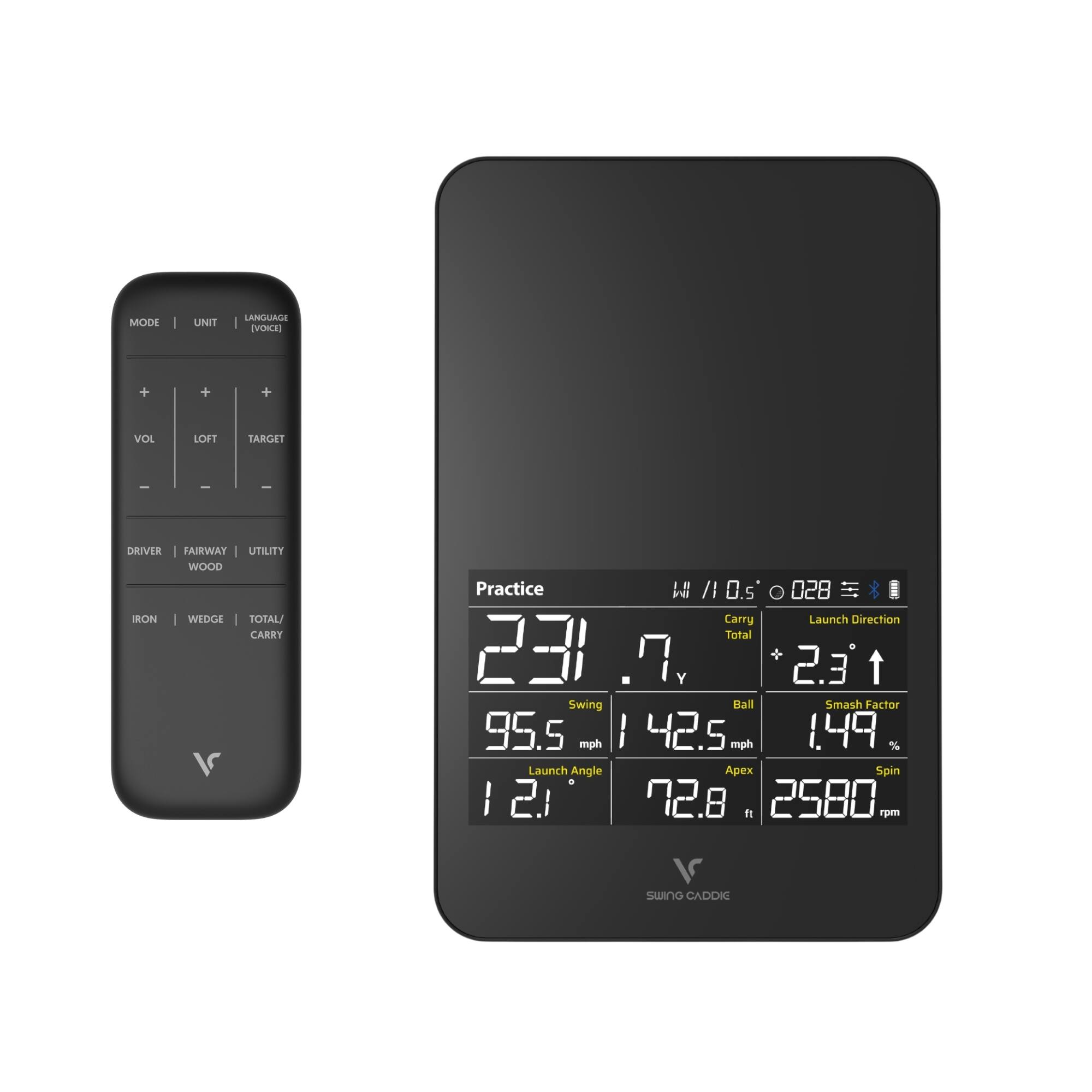 MODE | UNIT | LANGUAGE (VOICE)  
VOL | LOFT | TARGET  
DRIVER | FAIRWAY | WOOD | UTILITY  
IRON | WEDGE | TOTAL/CARRY  

Practice  
231.7 yd  
95.5 mph  
1.21°  
1 42.5 mph  
1.49%  
72.8 ft  
2580 rpm  

Carry  
Launch Direction  
Swing  
Ball  
Smash Factor  
Launch Angle  
Apex  
Spin