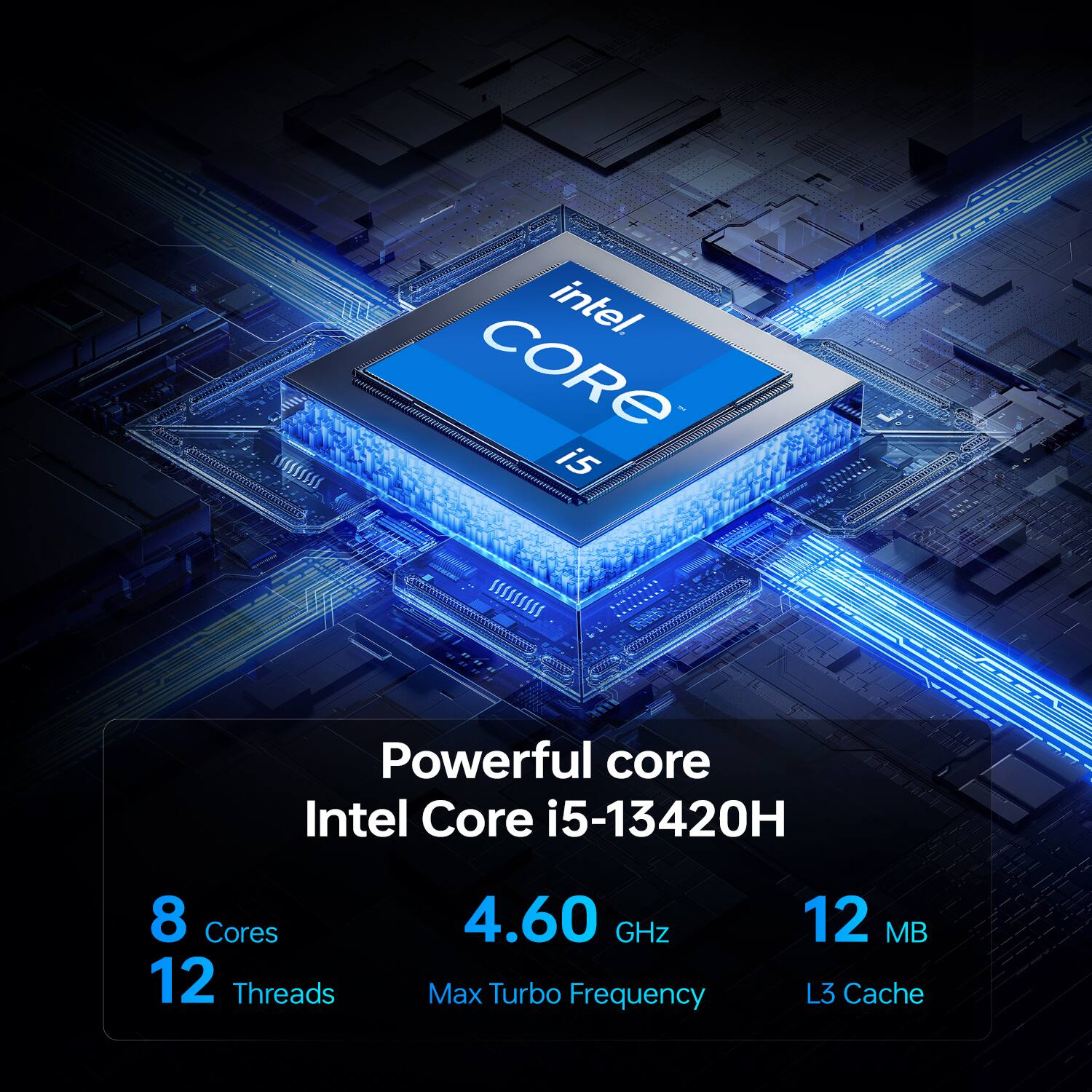 Intel Core i5-13420H  
Powerful Core  
8 Cores  
12 Threads  
4.60 GHz Max Turbo Frequency  
12 MB L3 Cache