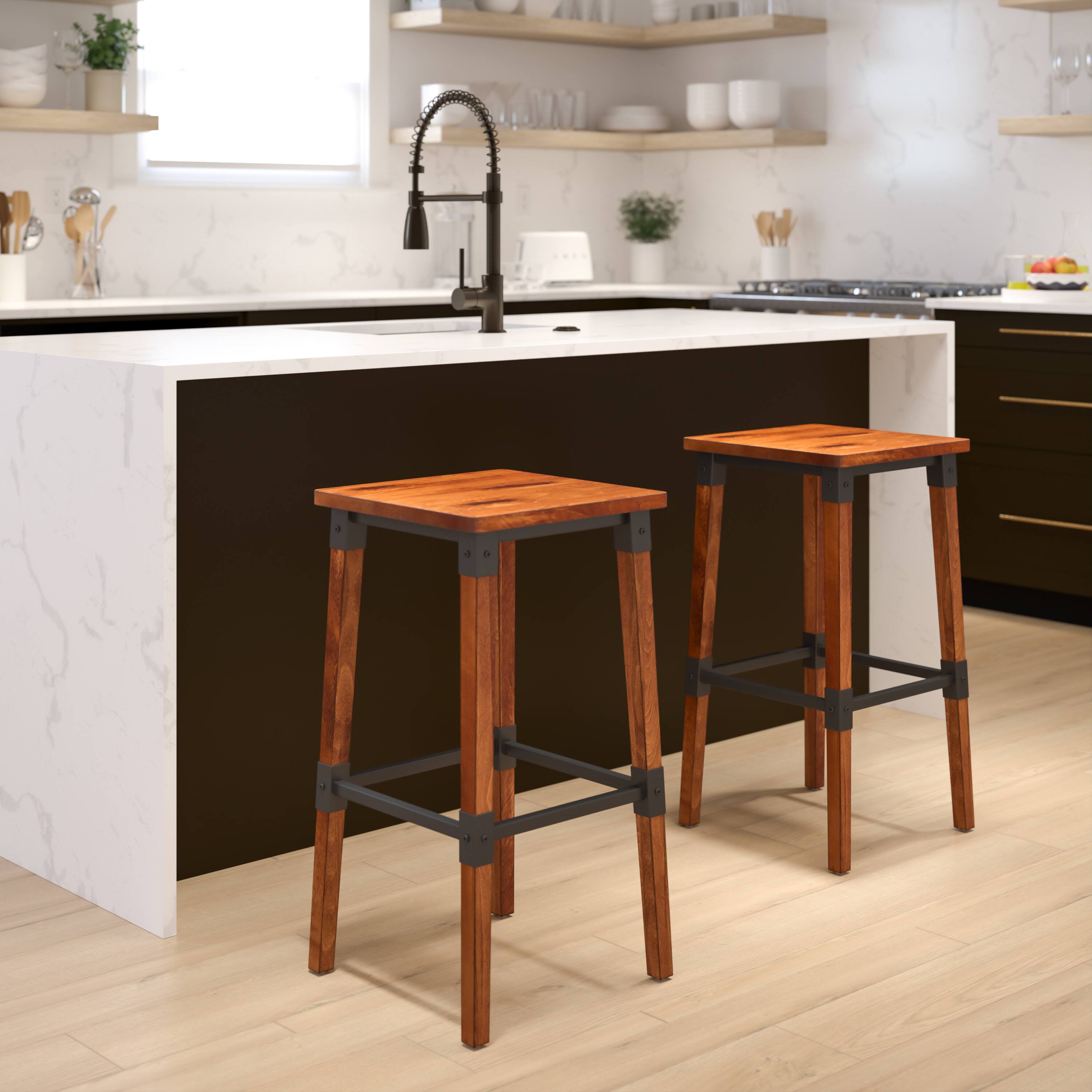 Alt View 2. Emma + Oliver - 2 Pack Commercial Grade Rustic Industrial Style Backless Wood Barstool - Walnut.