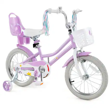 Front. Gymax - Gymax 16 Inches Kids Bicycle w/ Basket Doll Seat Colorful Streamers Training Wheels - Purple.