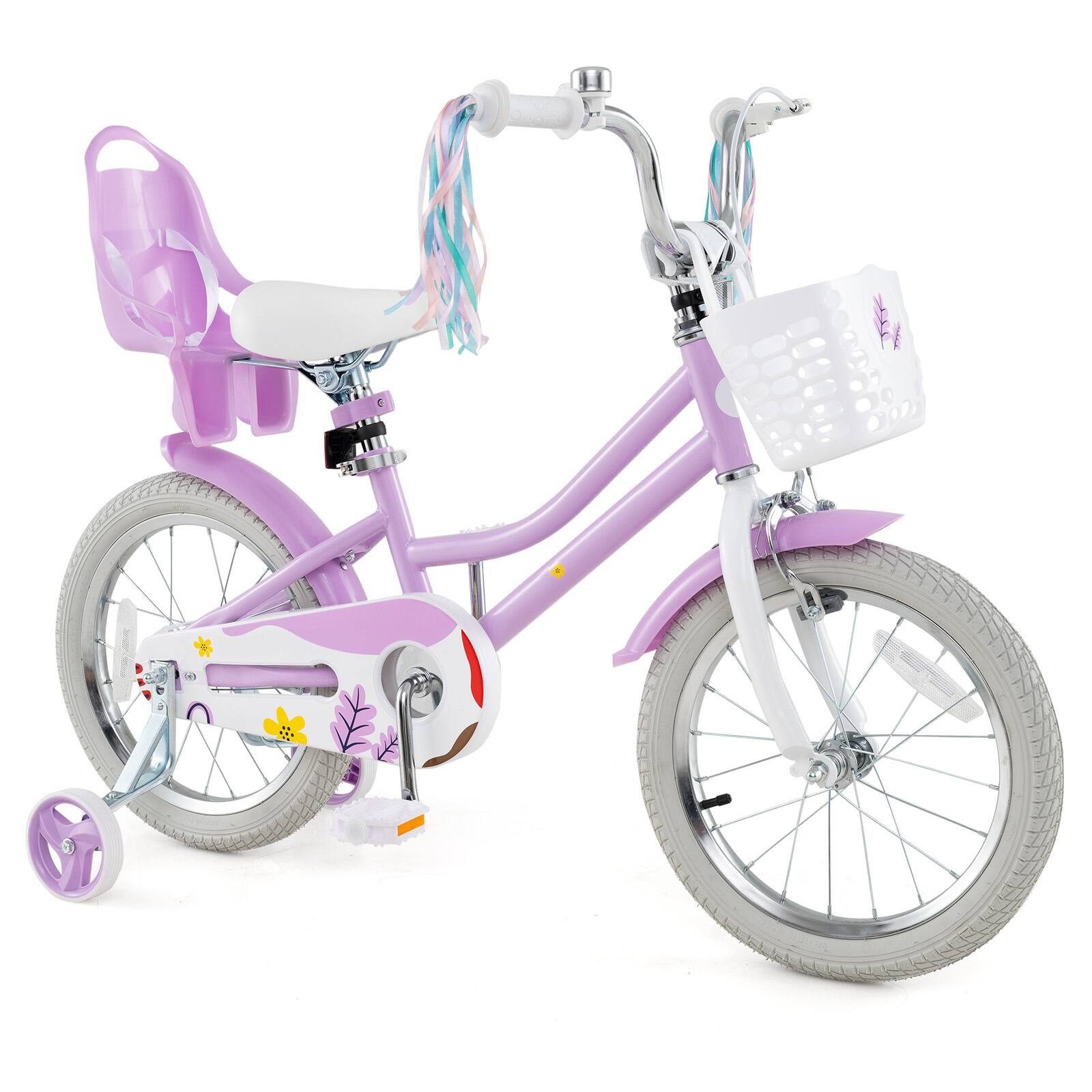 Gymax - 16 Inches Kids Bicycle w/ Basket Doll Seat Colorful Streamers Training Wheels - Purple