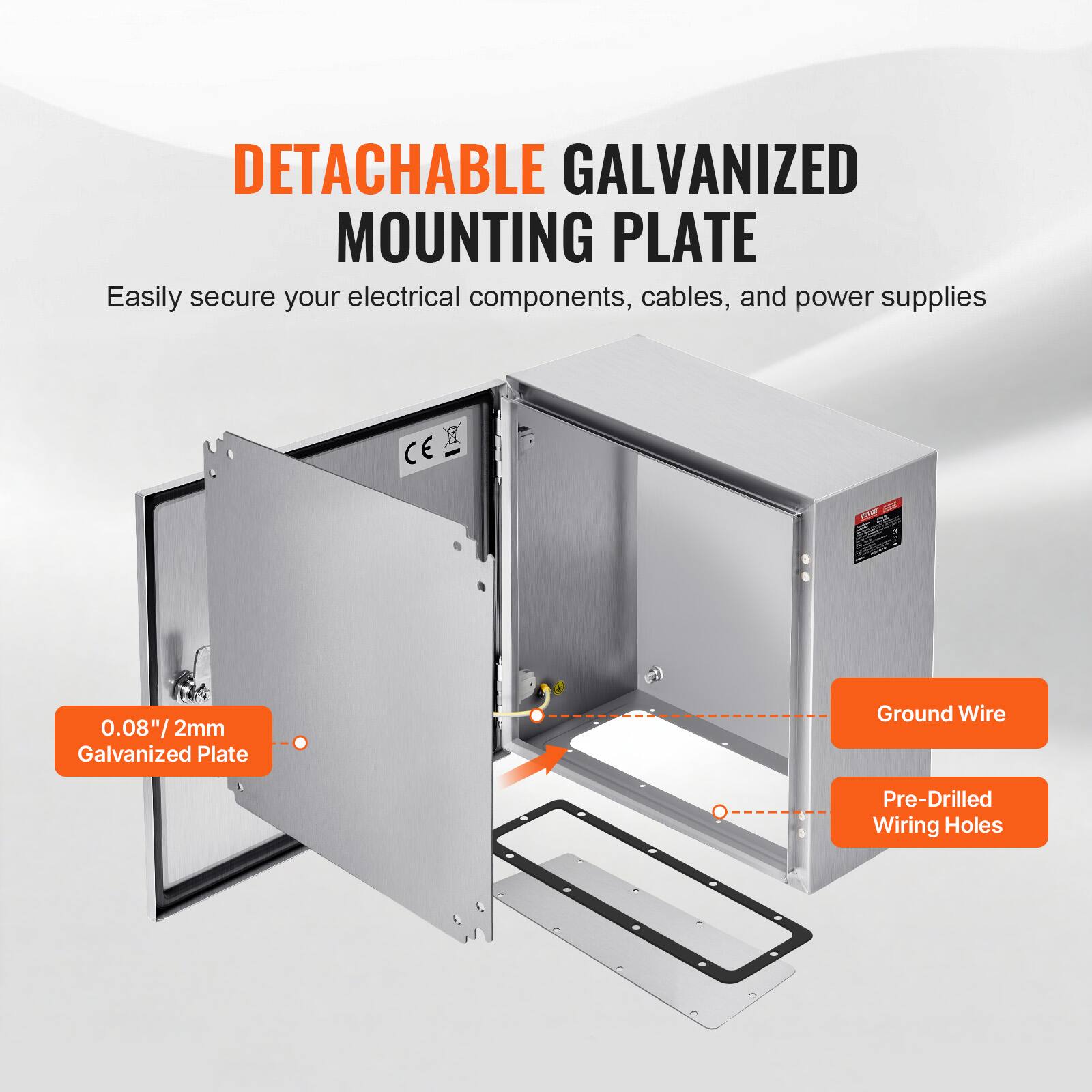 DETACHABLE GALVANIZED MOUNTING PLATE

Easily secure your electrical components, cables, and power supplies

- 0.08"/2mm Galvanized Plate
- Ground Wire
- Pre-Drilled Wiring Holes