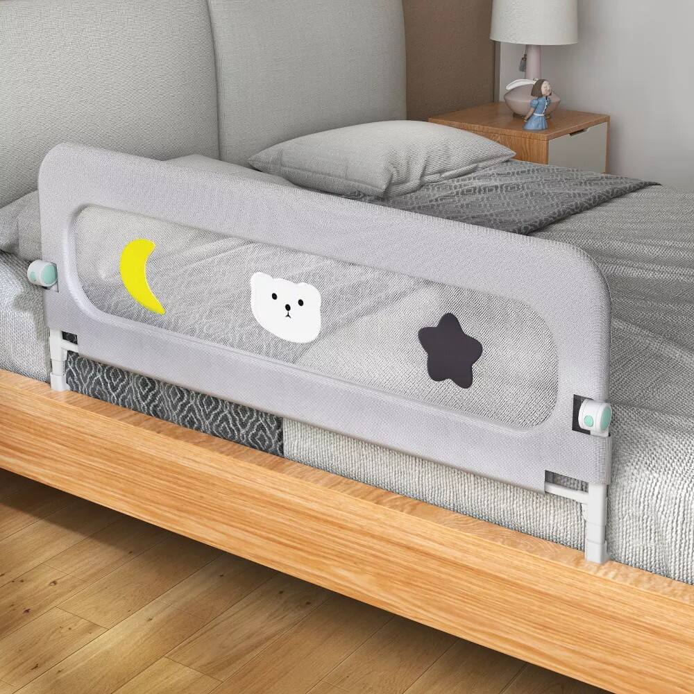 Alt View 1. SKONYON - 69" Bed Guard Rail for Toddlers with 14-Level Height Adjustment, Foldable Mesh Panel and U-Shaped Base - Gray.