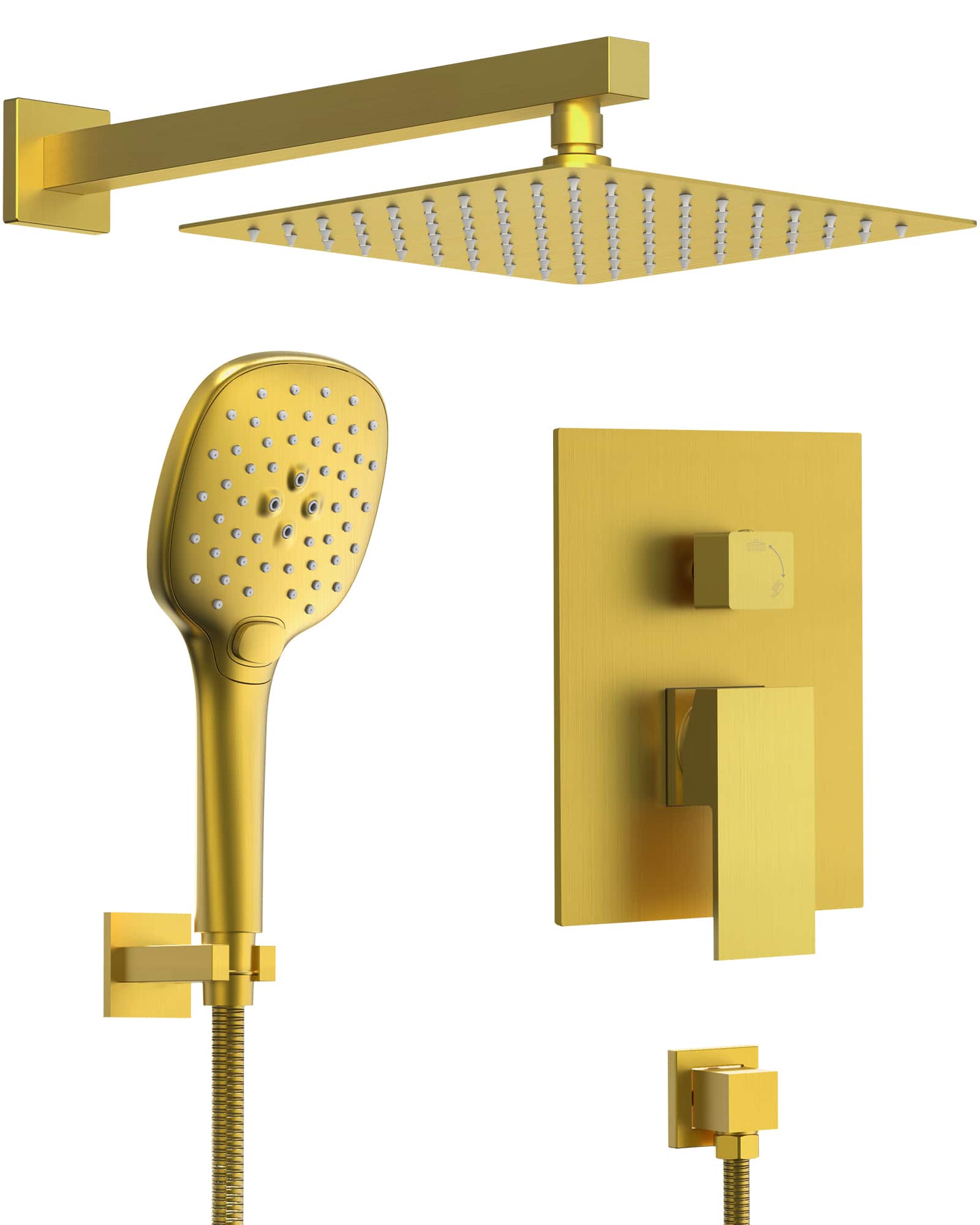 GRANDJOY - Thermostatic Shower Faucet Set with 10" Rain Shower Head and Handheld Sprayer for Wall Mounted Installation - Brushed Gold