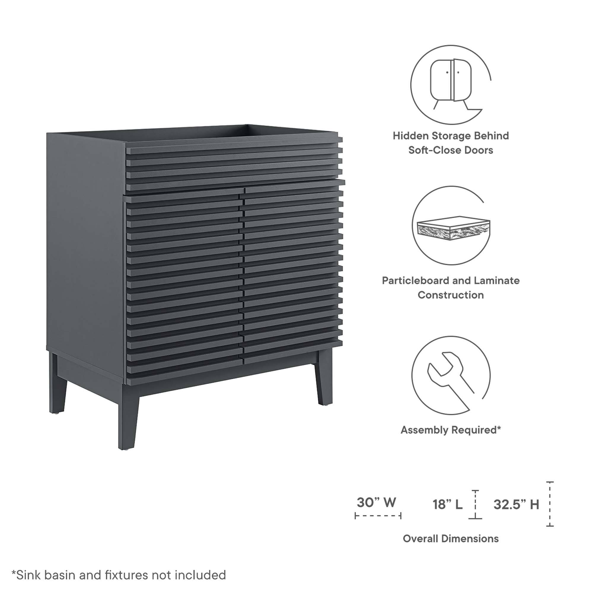 Hidden Storage Behind Soft-Close Doors  
Particleboard and Laminate Construction  
Assembly Required*  

30" W x 18" L x 32.5" H  
Overall Dimensions  

*Sink basin and fixtures not included