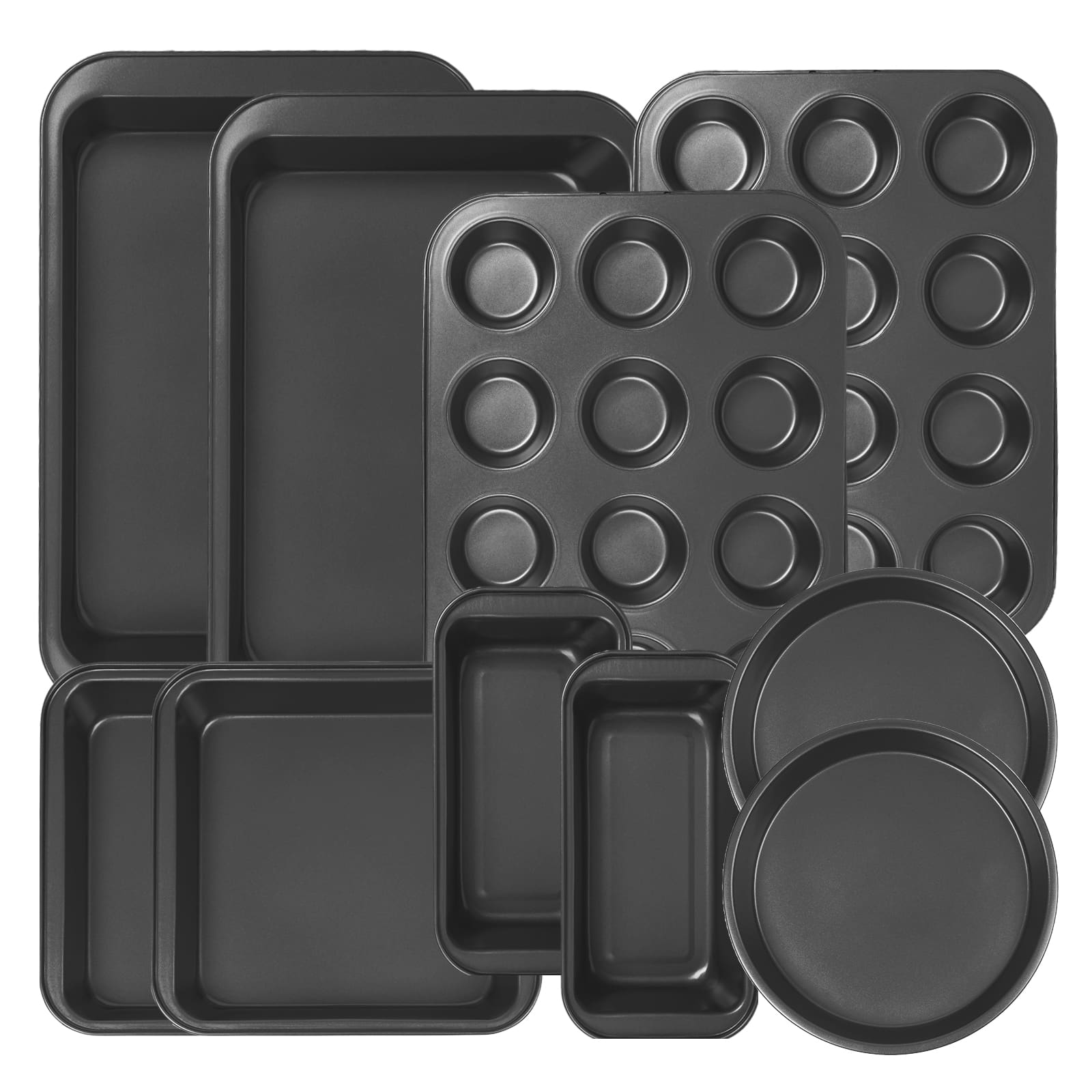 KOOMADE - 10-Piece Nonstick Carbon Steel Baking Pan Set with Cookie Sheets, Cake Pans, Roasting Pan & More - Black