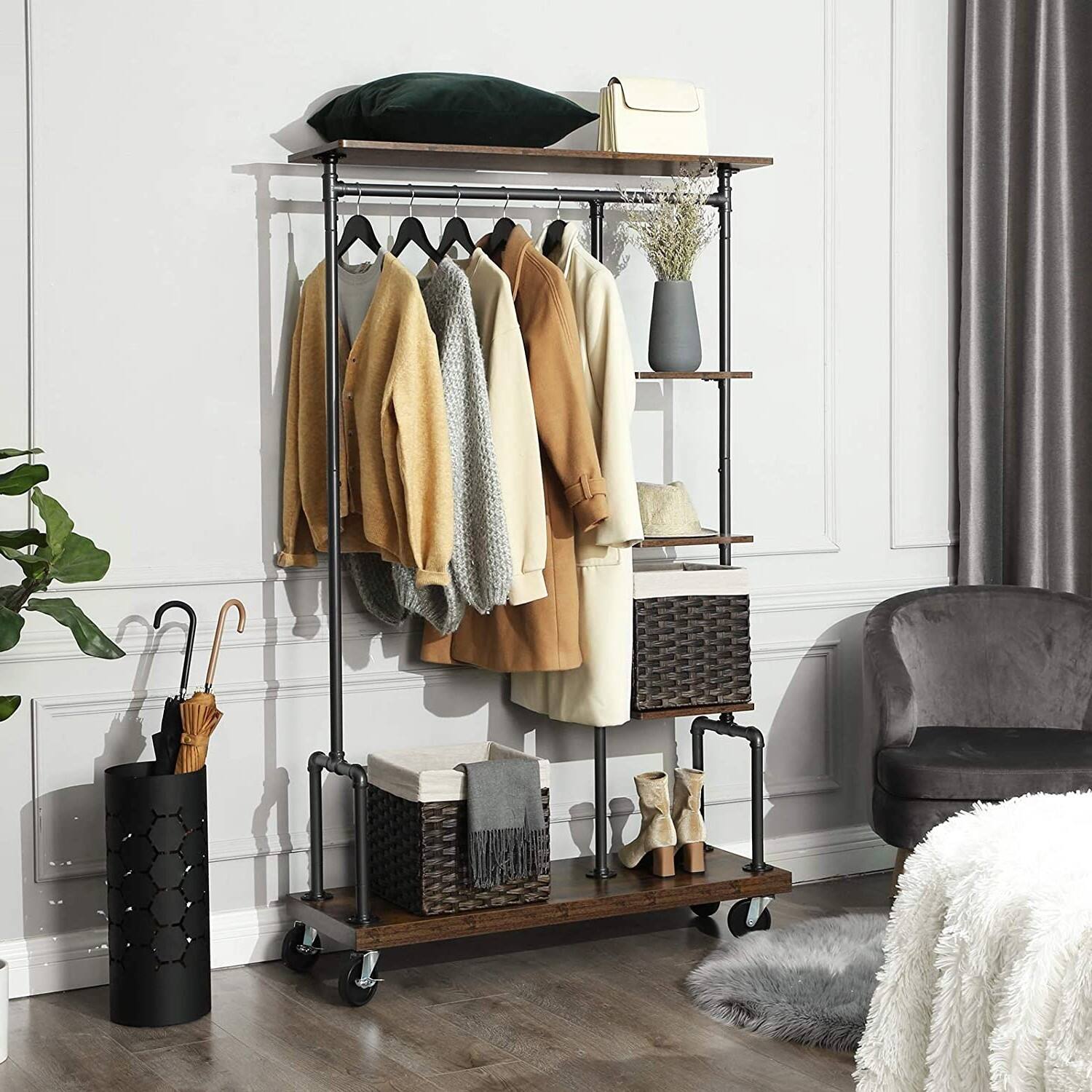 Left. Hivvago - Farmhouse 5 Tier Laundry Pipe Garment Closet Rack Wheels - Rustic Brown.