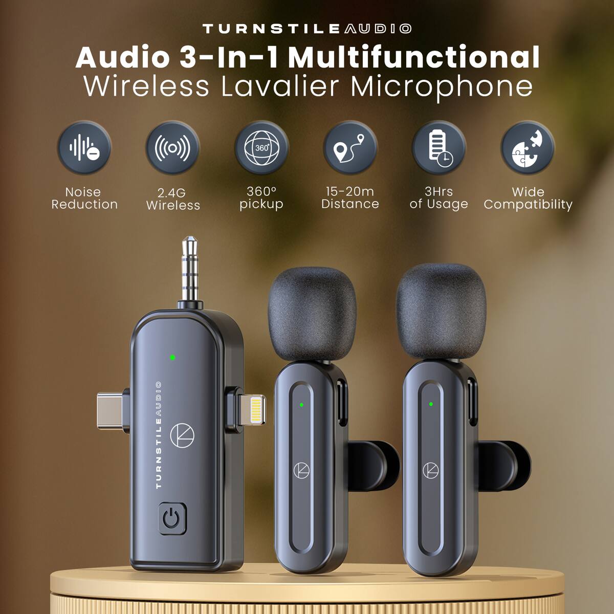 TURNSTILEAUDIO AUDIO 3-In-1 Multifunctional Wireless Lavalier Microphone

- Noise Reduction
- 2.4G Wireless
- 360° pickup
- 15-20m Distance
- 3Hrs of Usage
- Wide Compatibility