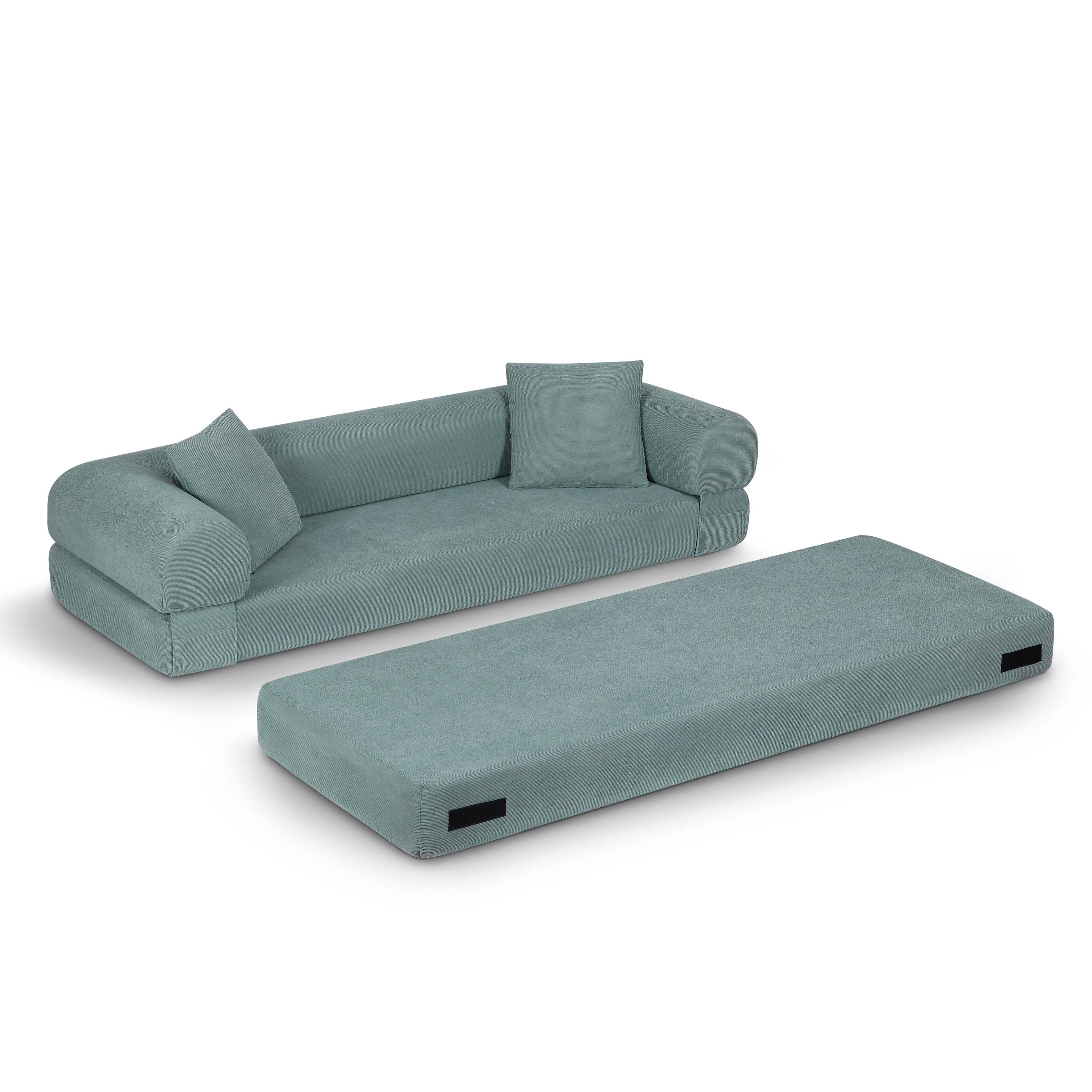 Alt View 2. Loheer - Loheer 80 Inch Corduroy Convertible Sofa Bed Queen Sleeper Couch with Storage Fold Out Boneless Sofa in a Box - Light Green.