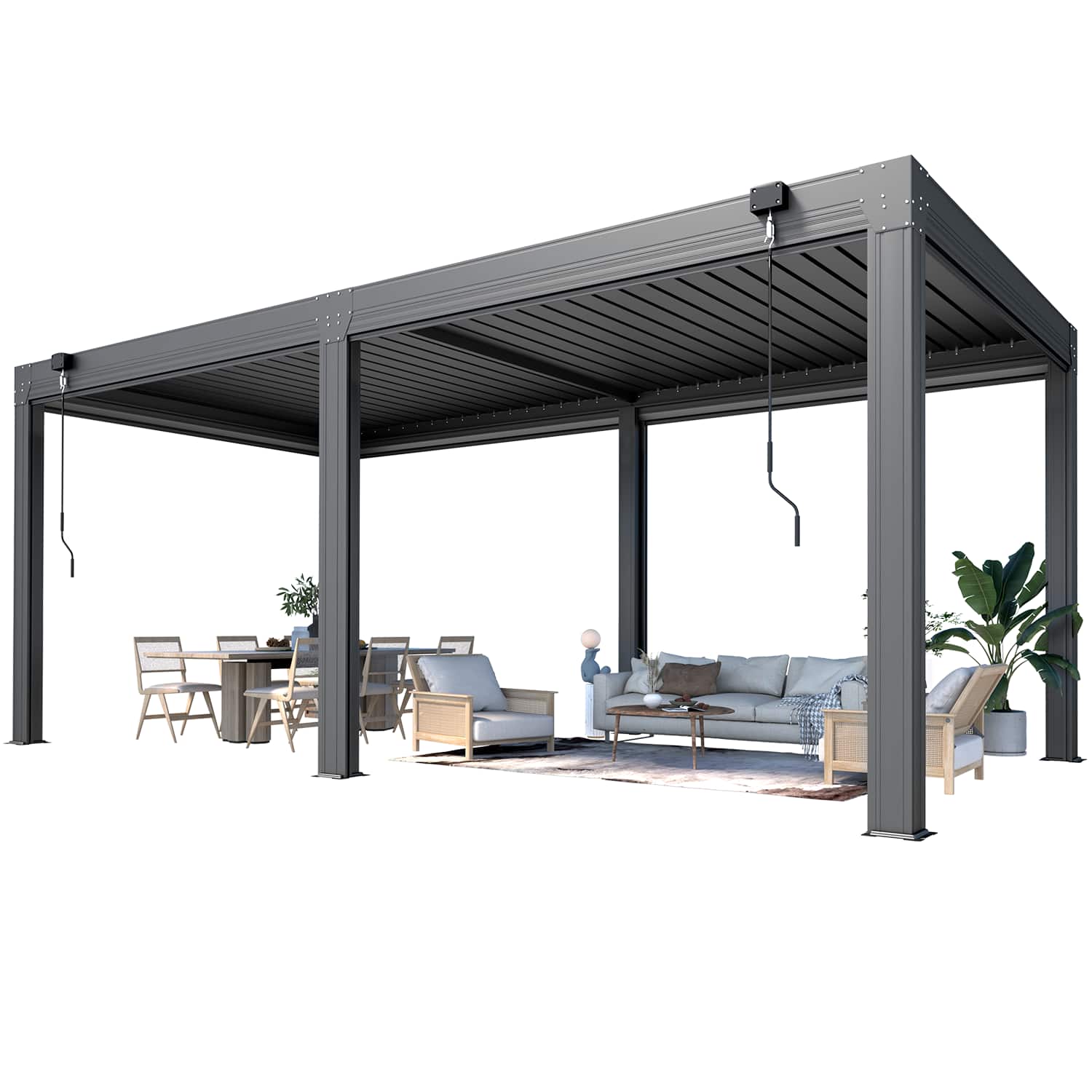Front. U-HOMY - 10'x20' Outdoor Louvered Pergola - Features Adjustable Aluminum Roof & Drop-Down Curtains - Dark Grey.