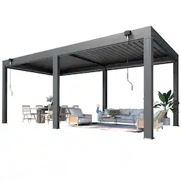 U-HOMY - 10'x20' Outdoor Louvered Pergola - Features Adjustable Aluminum Roof & Drop-Down Curtains - Dark Gray