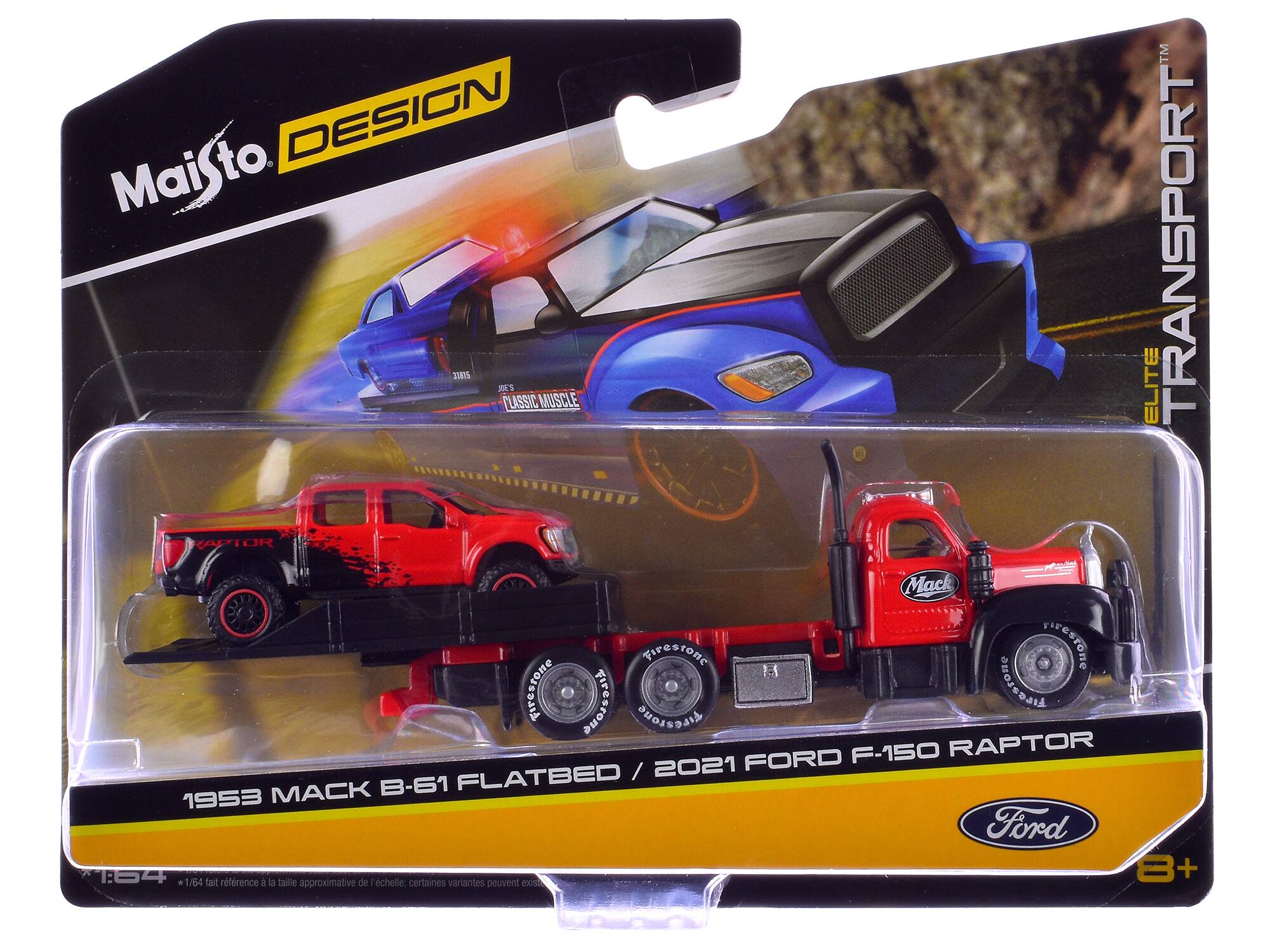 Maisto DESIGN  
ELITE TRANSPORT  
1953 MACK B-61 FLATBED / 2021 FORD F-150 RAPTOR  
1:64  
8+  
*1/64 fait référence à la taille approximative de l'échelle; certaines variantes peuvent exister.