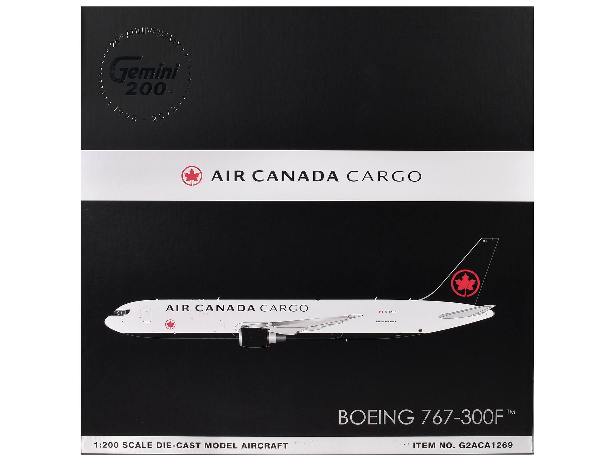 Sure, here is the corrected and grouped text:

---

**Gemini 200**  
1998 - 2005

**AIR CANADA CARGO**

**BOEING 767-300F™**

**1:200 SCALE DIE-CAST MODEL AIRCRAFT**

**ITEM NO. G2ACA1269**

---

This text is taken directly from the image provided.