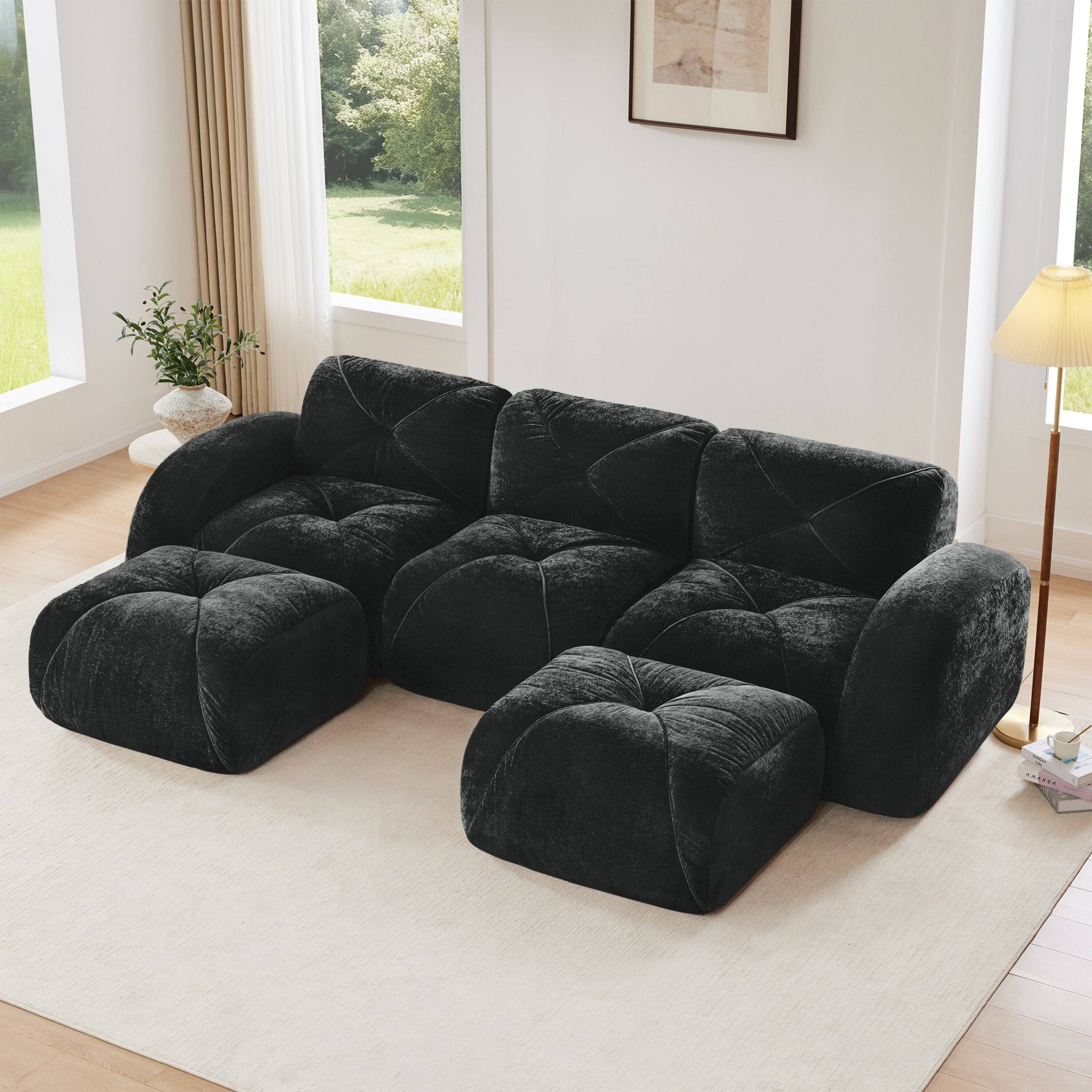 Alt View 2. Boyel Living - U Shaped Velvet Tufted Sofa Movable Ottomans 32D High Density Sponge Anti Slip Free Combo Study Theater Black - Black.