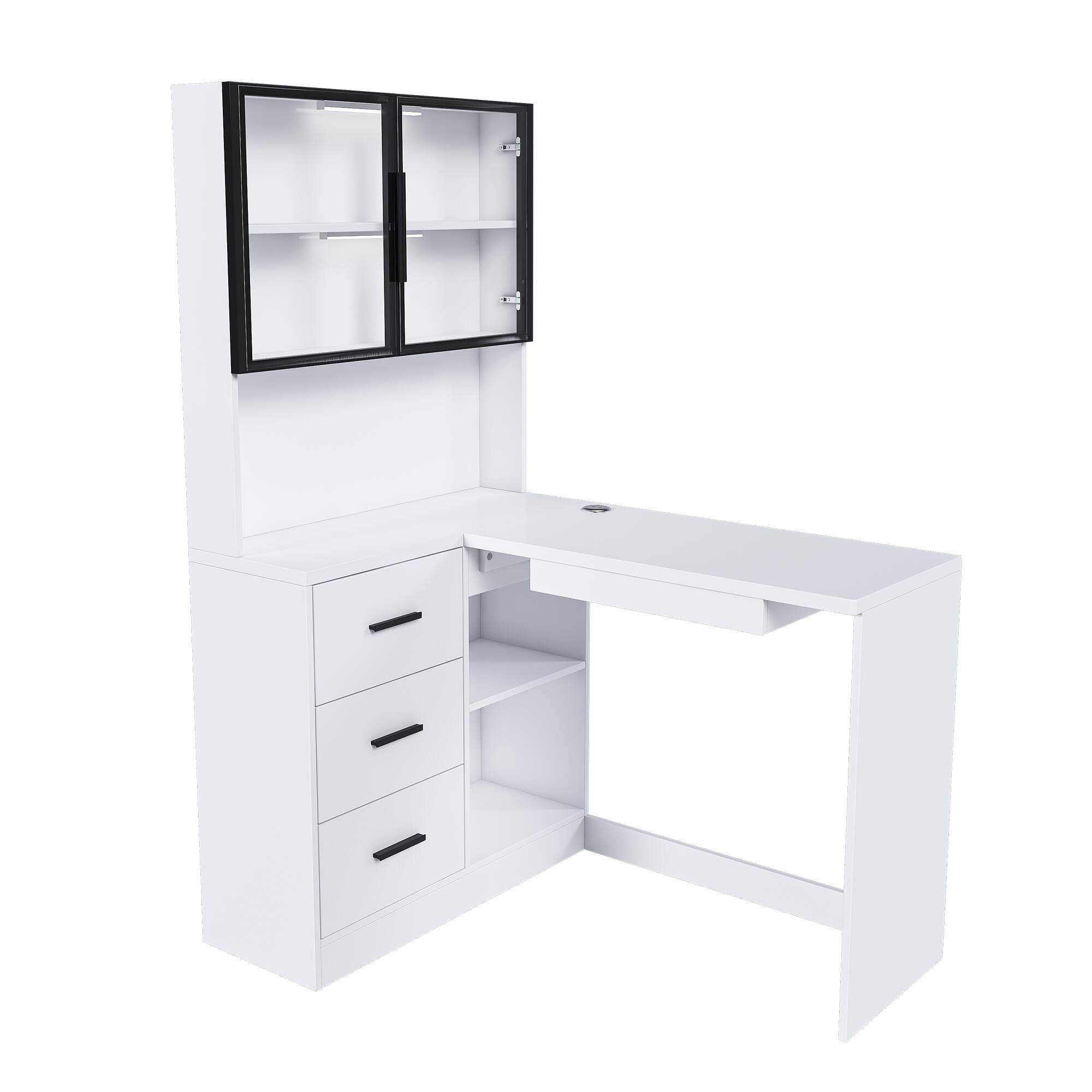 Back. GOODSILO - L-Shaped Computer Desk with Glass Cabinets & LED Lights, Corner Office Desk with USB Ports & Keyboard Tray - White.