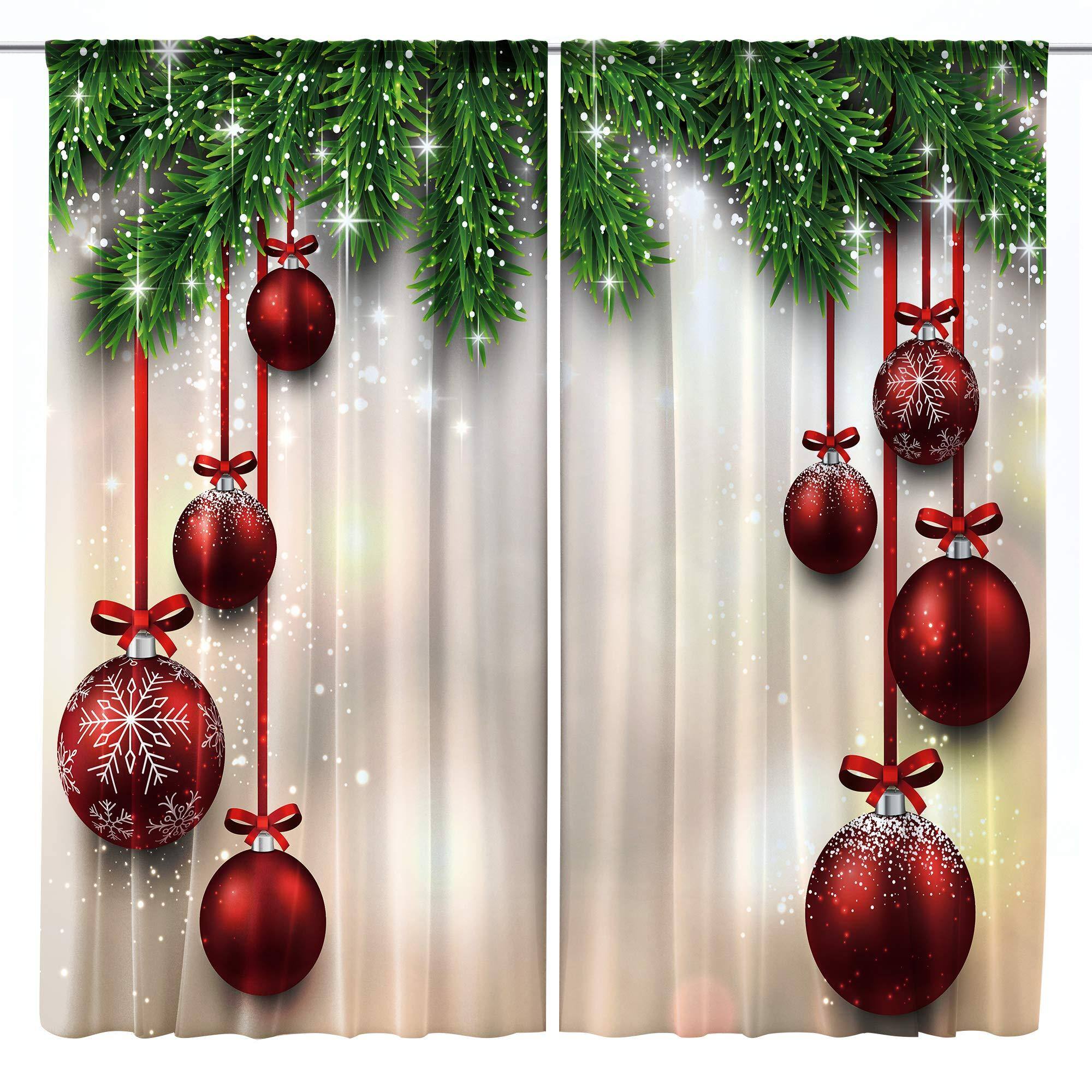 Alt View 5. Paradigms Interiors - Christmas Curtains Xmas Balls Rod Pocket Year Pine Tree Branches Fir Twigs Winter Art Printed Living Room B... - 02beige-42"W x 63"L (Pack of 2).