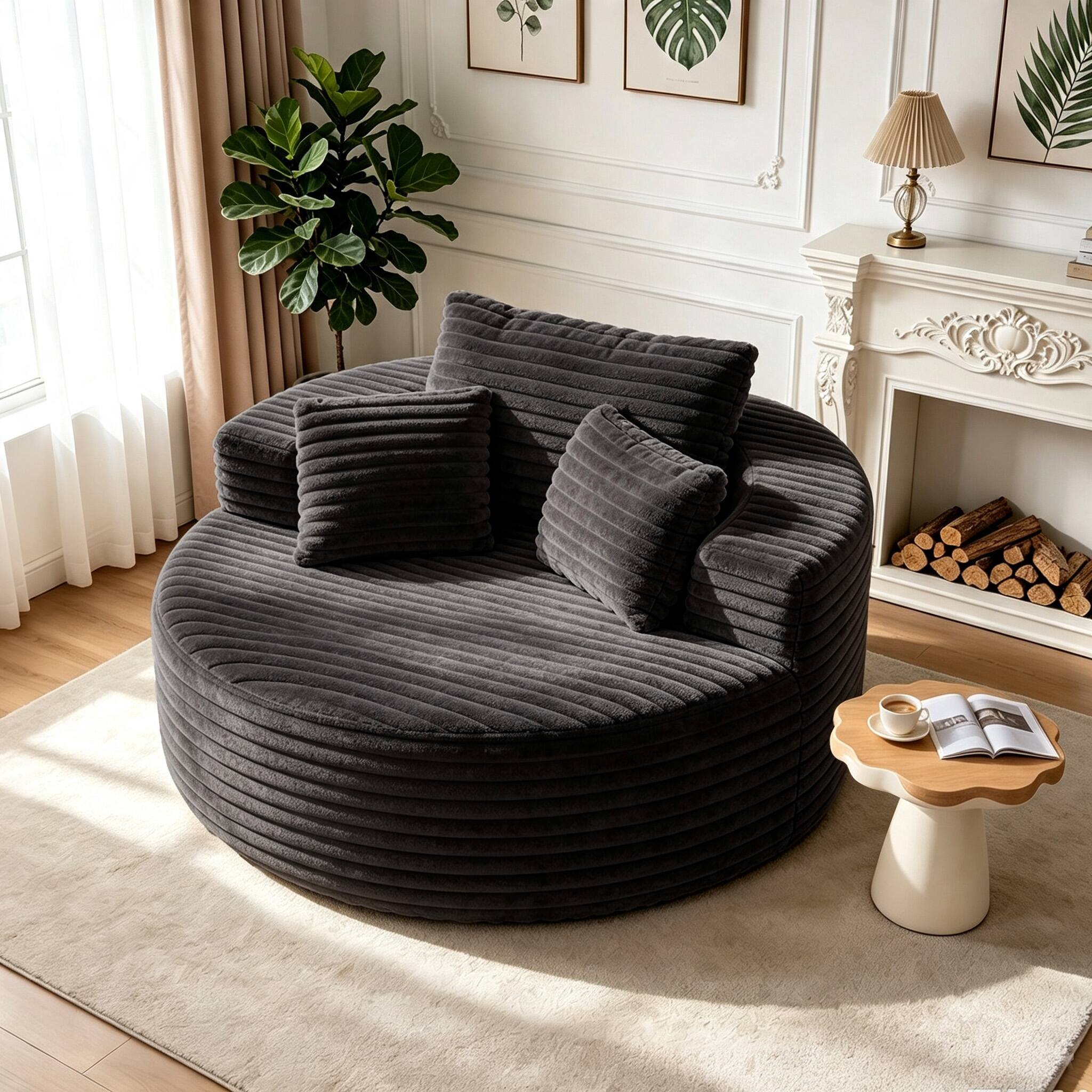 Angle. Electra Tech Xpress - 55"Oversized Round Chaise Longue Chair, Boneless Chair, No Assembly Required - Gray.